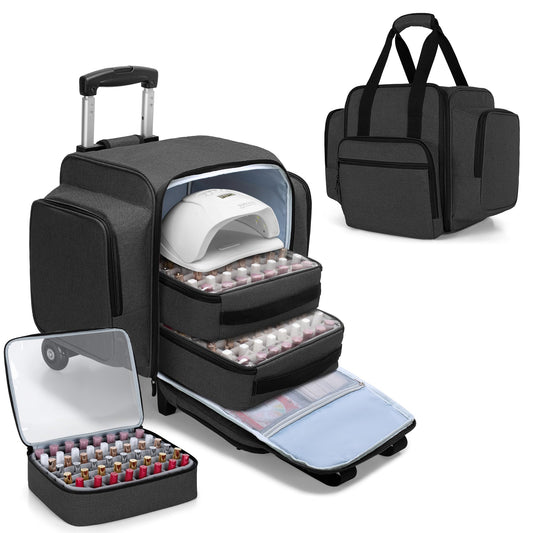 BAFASO Rolling Nail Polish Organizer Holds 144 Bottles, Nail Polish Case with a Detachable Dolly and 3 Removable Cases (Patented Design), Black