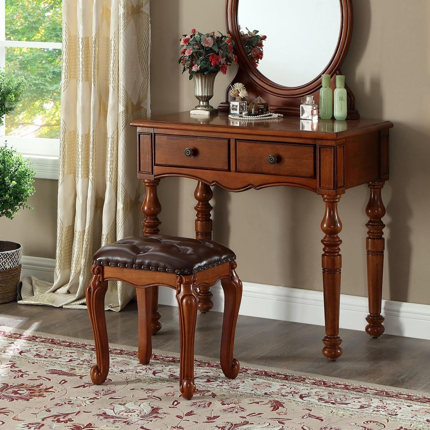KIVSON Vanity Bench with Nailhead Trim, Piano Bench, or Desk Stool with Microfiber Leather Upholstery for Bedrooms, Dining Rooms, Cloakrooms, or Piano Rooms (Retro Brown)