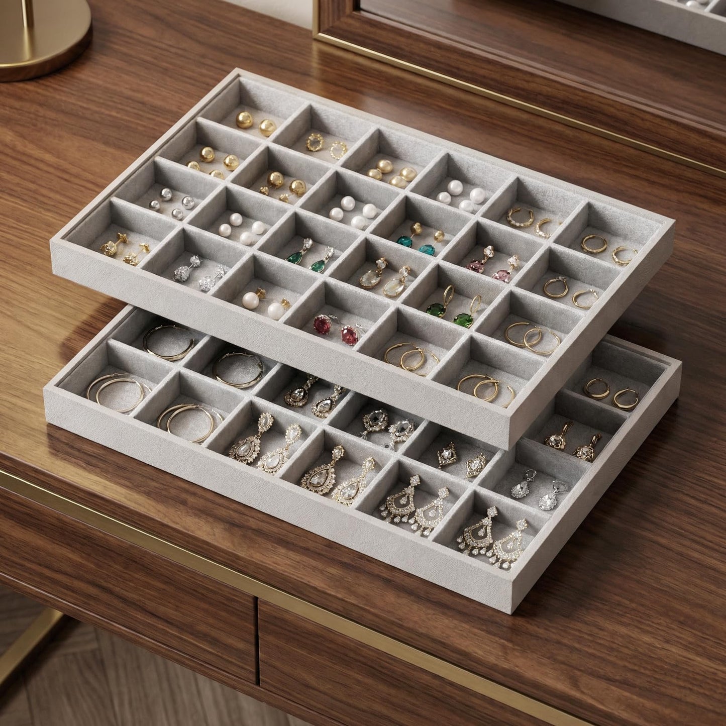 Gghenda 2-Piece Gray leather Stackable Jewelry Organizer Tray Set, Bracelet Ring Earring Holder Box, Necklace Display Stand for Storage and Retail Display (24 Grids)