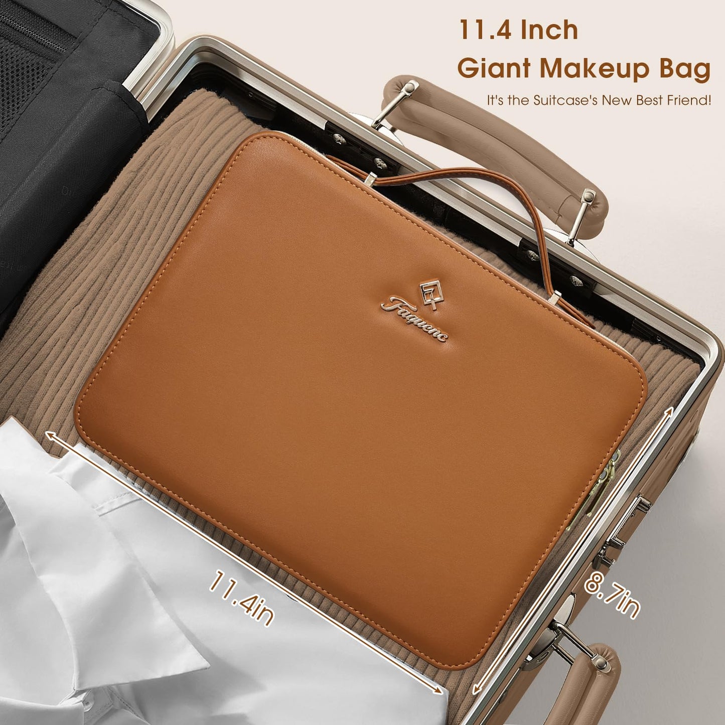 Faquenc Leather Makeup Case with LED Lighted Mirror 11.4 Inch Travel Makeup Bag Adjustable Brightness in 3 Colors Cosmetic Organizer Artist Storage Bag with Dividers Brush Holder Bag Vanity Brown