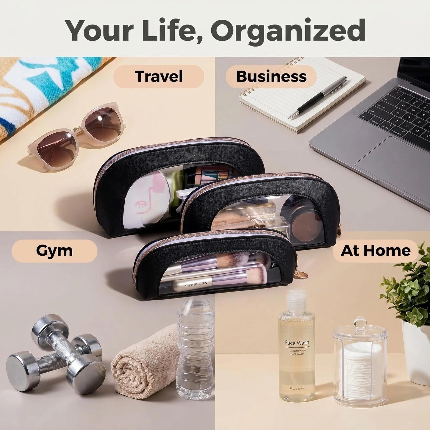BS-MALL Makeup Bag Set Clear Travel Toiletry Organizer Pouches - Waterproof Cosmetic Bags with Zippers for Women, Toiletry Travel Kit for Vacation & Daily Use Pack of 3