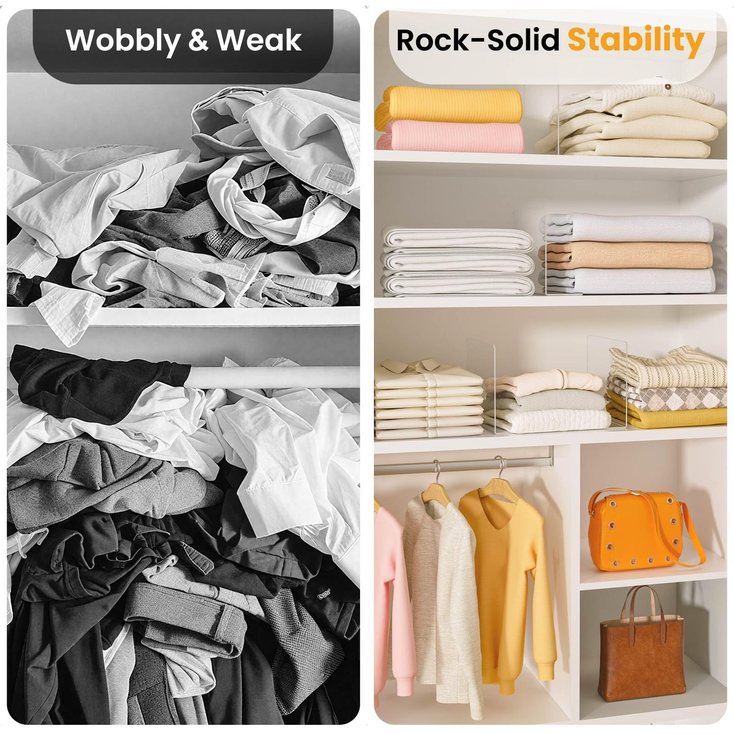 Hotbird Shelf Dividers for Closet Organization – Acrylic Clear Sturdy Dividers to Keep Clothes, Sweaters & Purses Upright, Free-Standing for Wood Shelves, 10" Tall x 12" Deep, 8 Pack