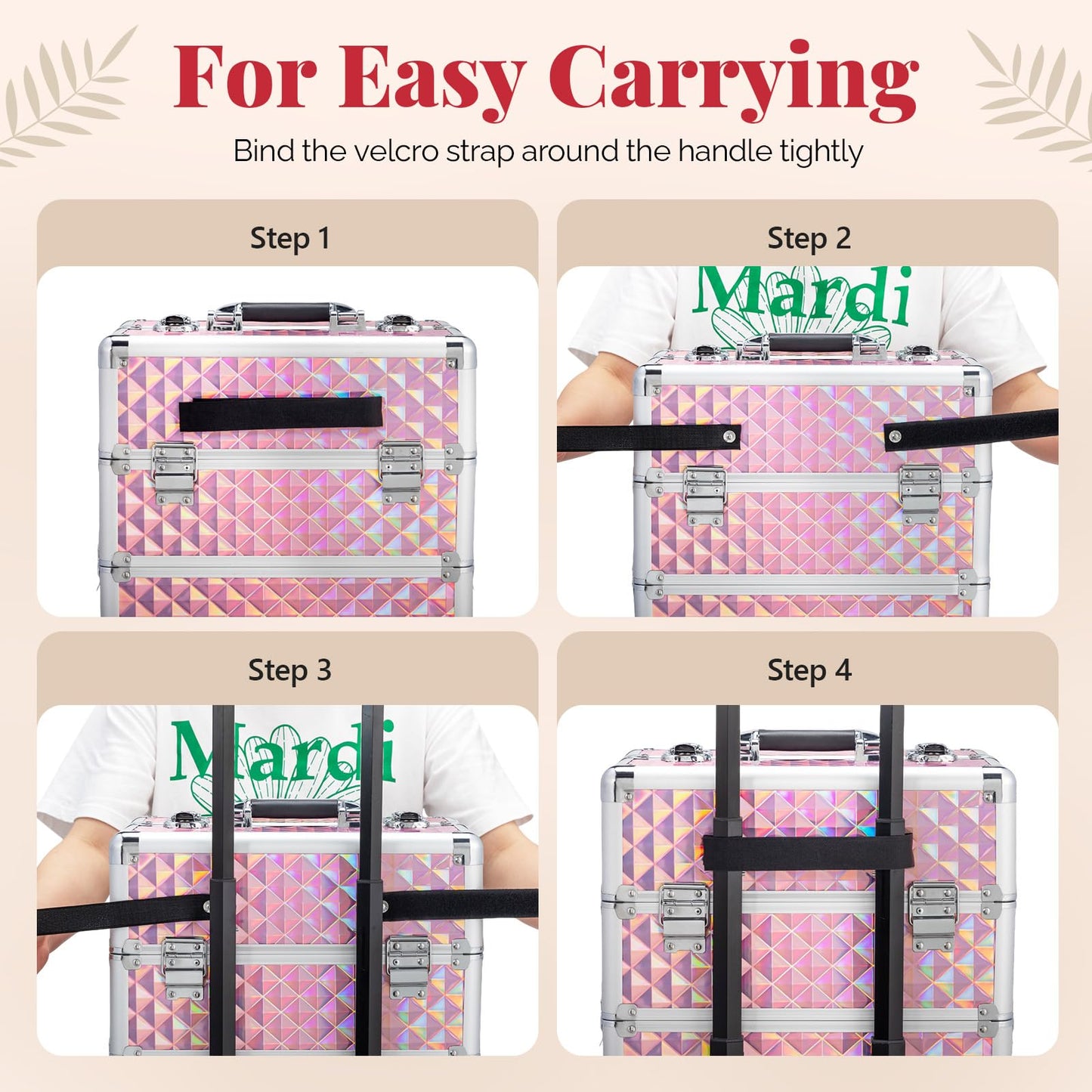 mefeir 4-in-1 Rolling Makeup Train Case Lift Handle,4 Removable Wheels Lockable Keys,Aluminum Cosmetic Trolley Beauty Stylist Artist Organizer Box,Ideal Xmas New Year Gift (Diamond Pink)