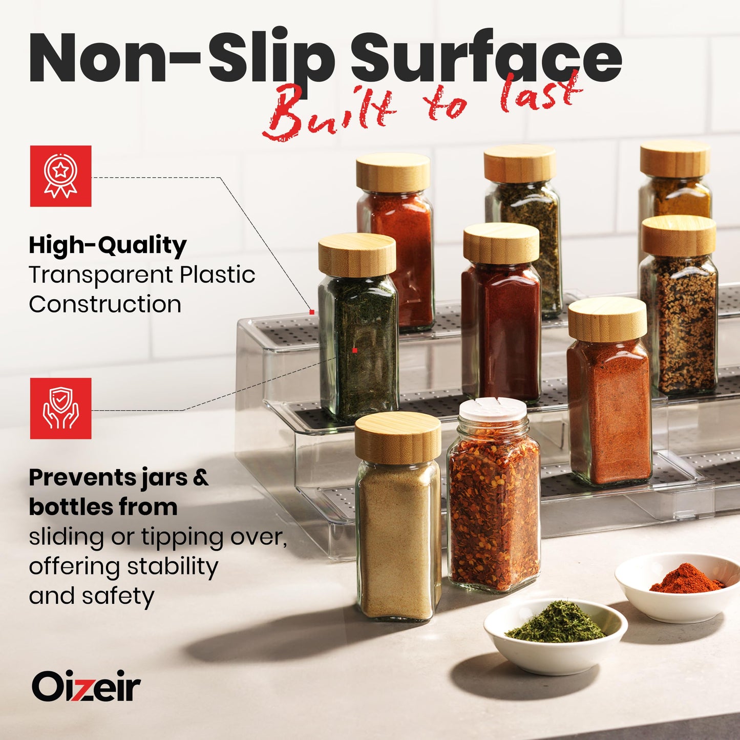 Oizeir Expandable Spice Rack Organizer for Cabinet (2 Pack), 3-Tier Clear Tiered Shelf, Non-Slip Adjustable Spice Cabinet Organizer for Kitchen Pantry, Medicine, Seasoning & Bottle Storage