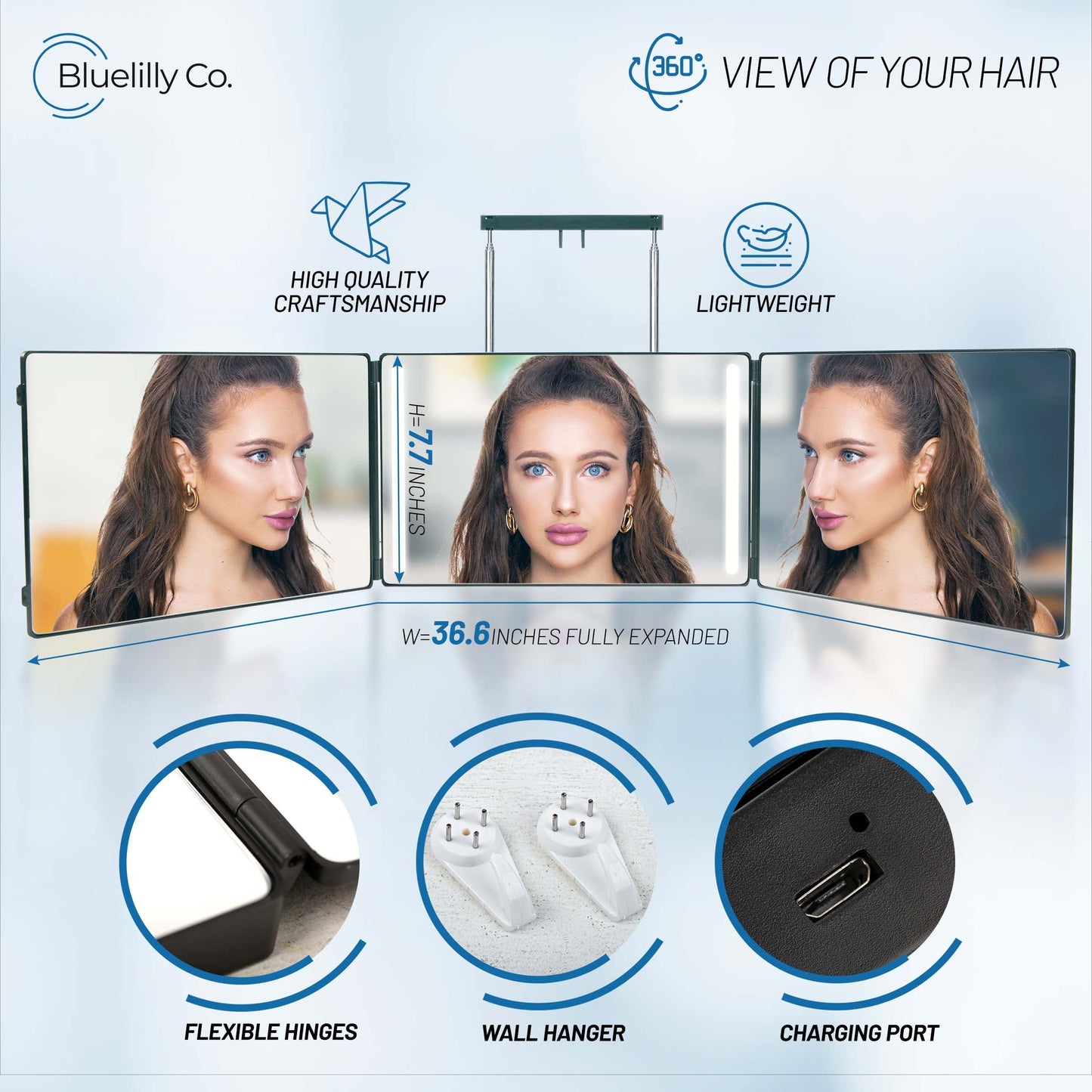 Bluelilly Co. 3 Way Mirror, Three Way Mirror for Braiding Hair & Hair Styling, LED Mirror, 360 View