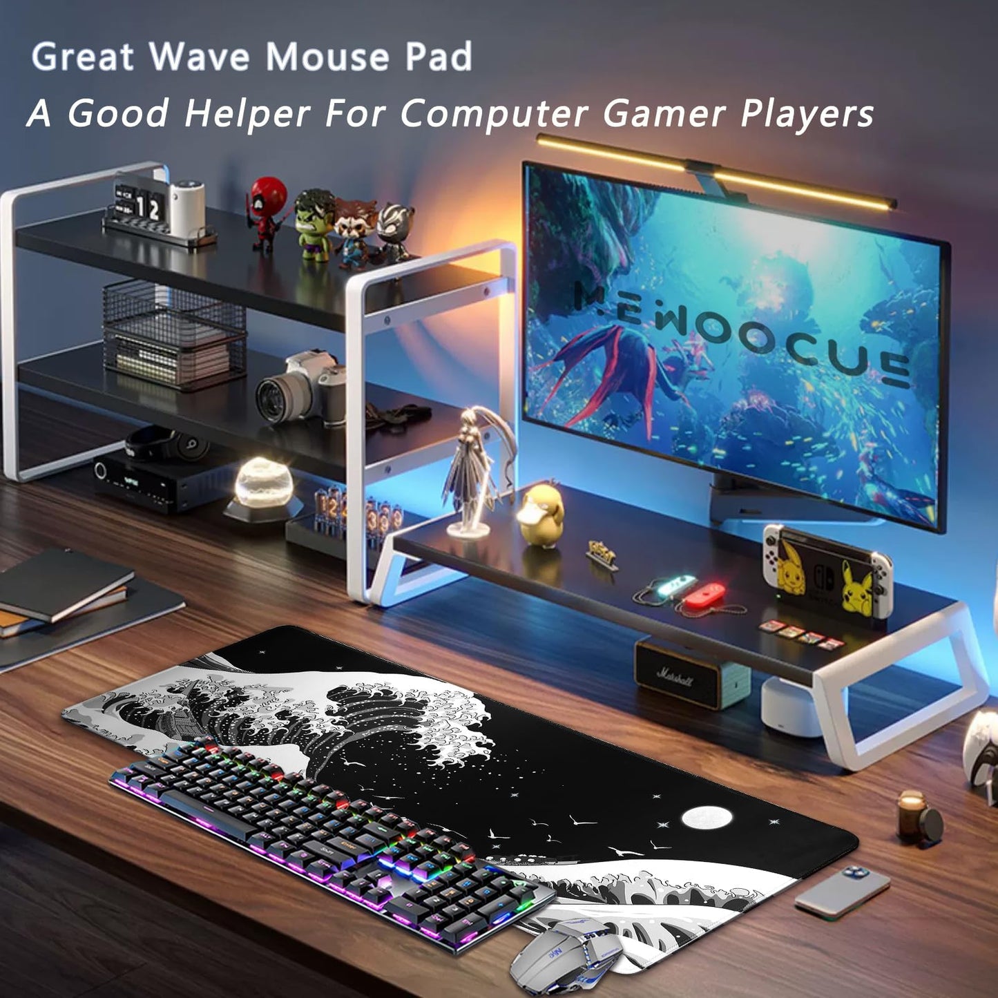 MEWOOCUE® Gaming Mouse Pad for Desk,Large Sea Wave Mousepad Laptop,Black White Japanese Anime Mouse Mat,Long XXL Waterproof Keyboard Pads,Big Non-Slip Mouse Pads for Game Office Home（35.4 x 15.7 in）