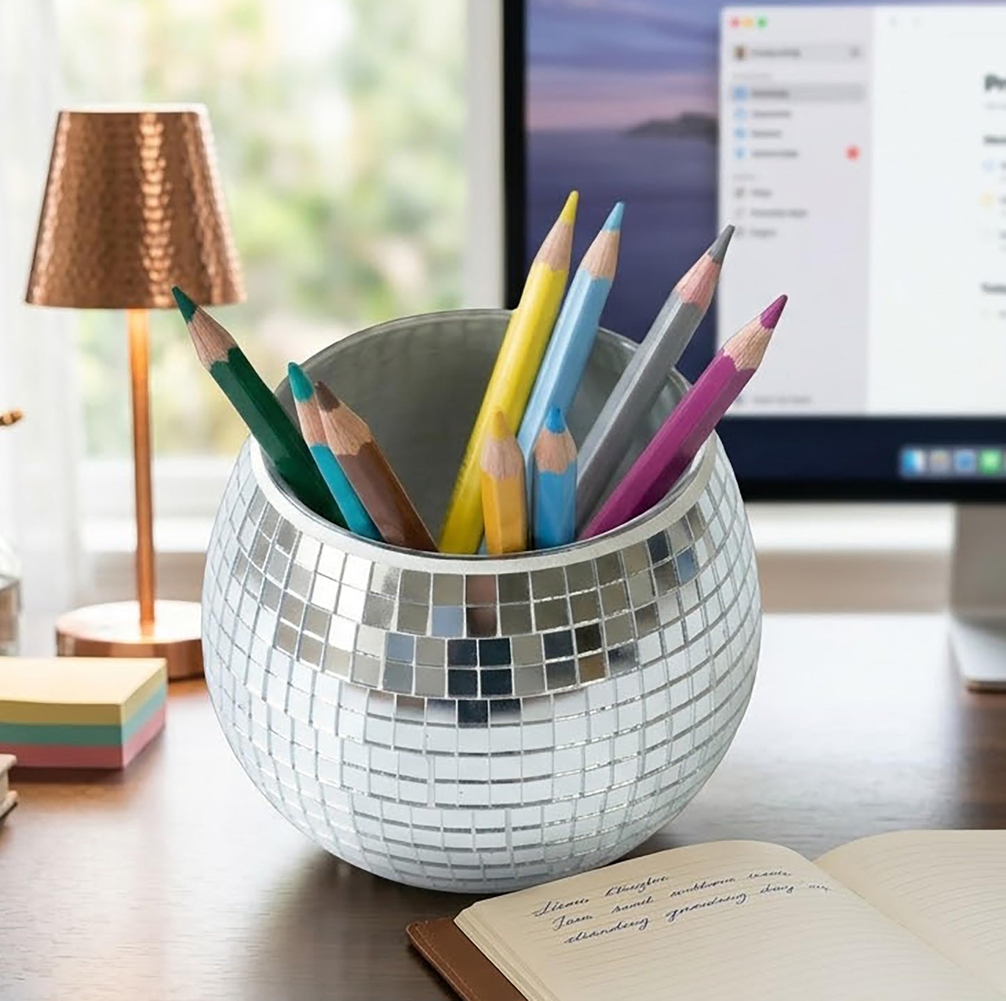 Choary 2 Pack Glass Disco Ball Makeup Brush with Smooth Grouting - Premium Mirror Mosaic Pencil Cup for Desk, Cute Pen Holder, Aesthetic Room Decor Gift (silver)