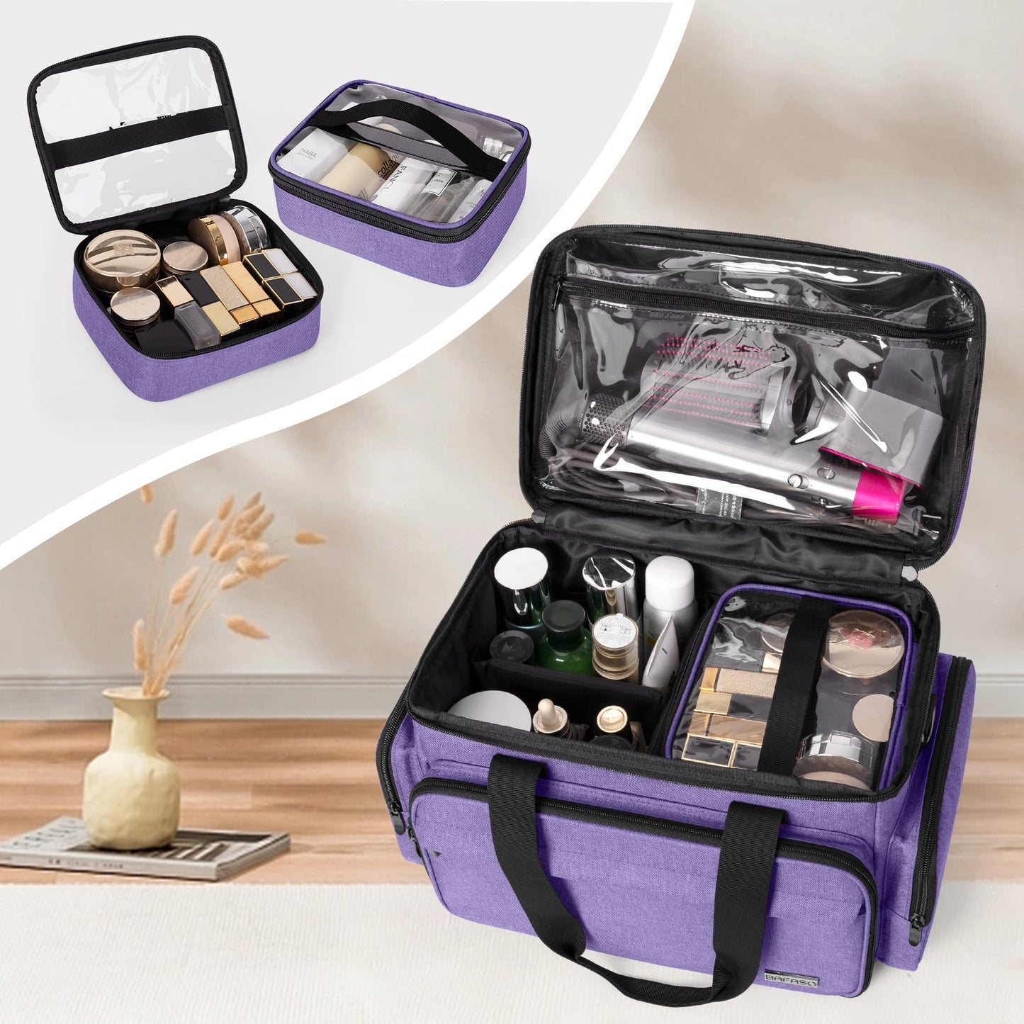 BAFASO Large Makeup Bag with 2 Removable Pouches and Detachable Dividers, Multifunctional Toiletry Bag Cosmetic Bag to Keep Makeup and Hair Supplies (Patent Pending), Purple