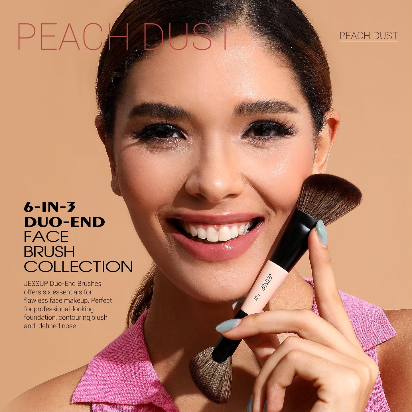 Jessup Face Makeup Brushes 3pcs Double Ended Makeup Brush Set for Foundation Contour Blush Highlight and Powder, Premium Synthetic Make up Brushes Peach Dust T508