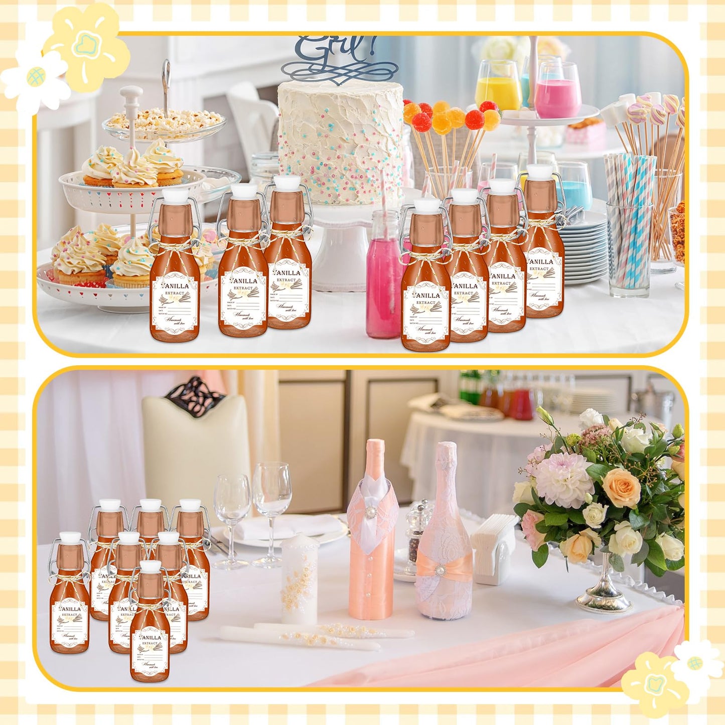 Queekay 20 Pack Mini Swing Top Glass Bottles for Vanilla Extract Homemade Olive Oil Bottles with Lids Airtight Cap Lids Labels for Wedding Baby Shower Favors(Clear,4oz)
