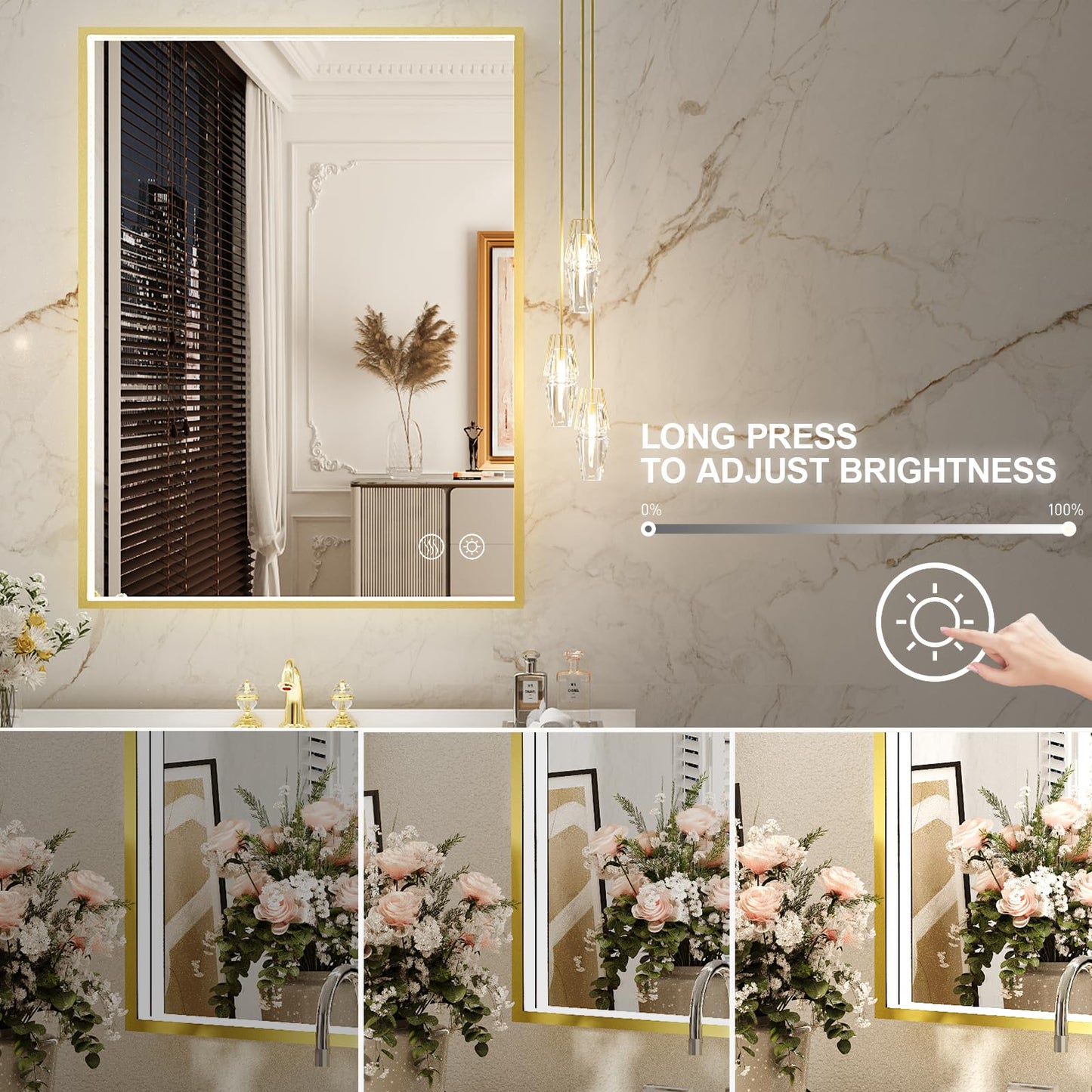FTOTI 24x32 Inch LED Bathroom Mirror with Lights,Gold Frame