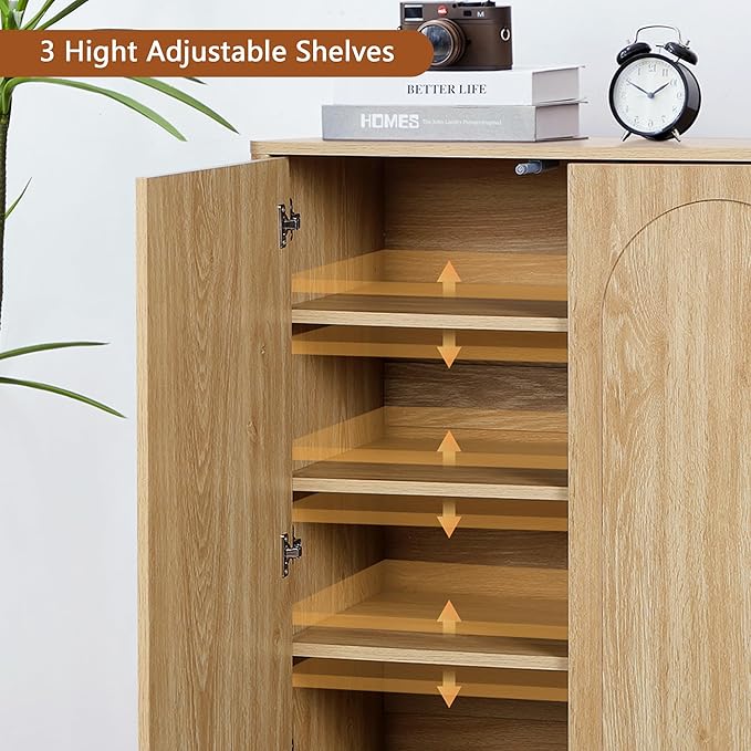 Tall and Large Shoe Storage Cabinet Set of 2 with Doors and Adjustable Shelves, 5-Tier Modern Shoe Rack Cabinet Storage for Entryway, Entrance, Hallway, Foyer/Kitchen Sideboard - Natural