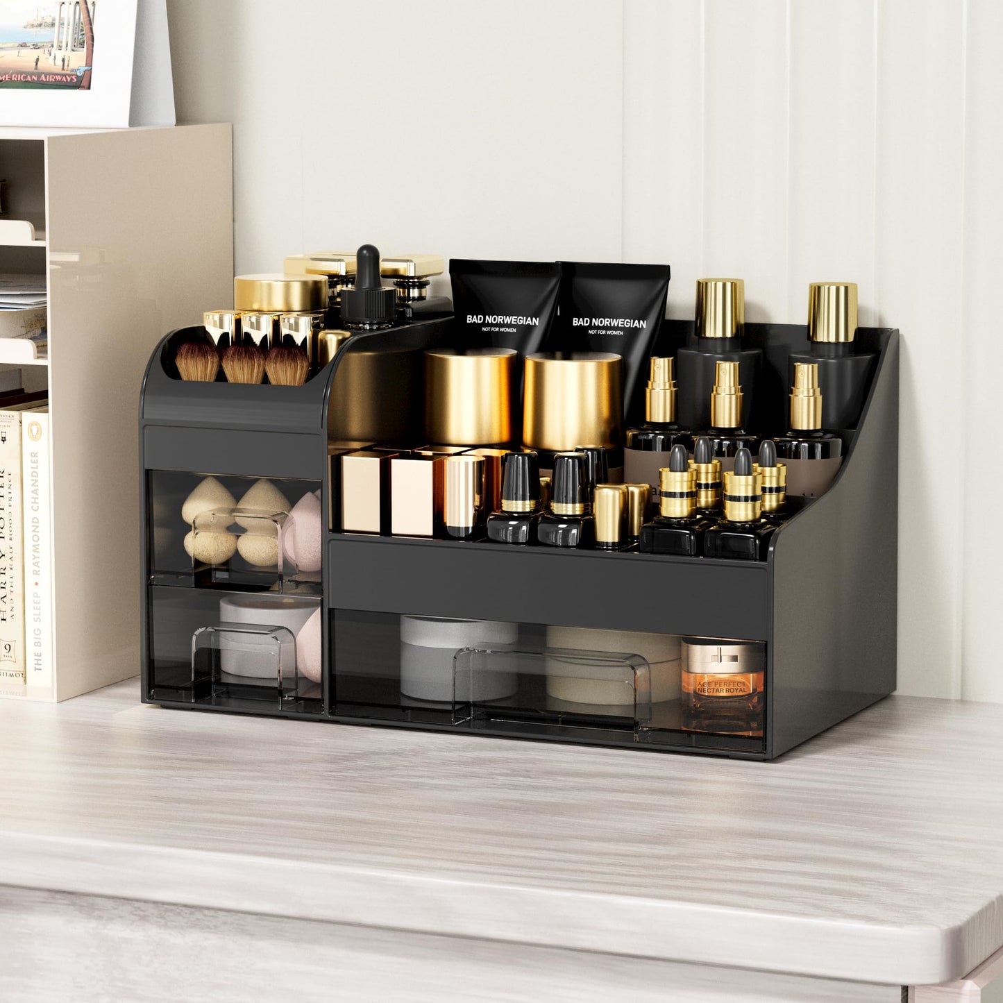 Mriluvy Large Makeup Organizer for Vanity,Countertop Organizer with Drawers and Brush Holder,Men’s Cologne Organizer for Bathroom,Cosmetic Skin Storage for Lipsticks,Nail Polish & Shaving Lotion,Black