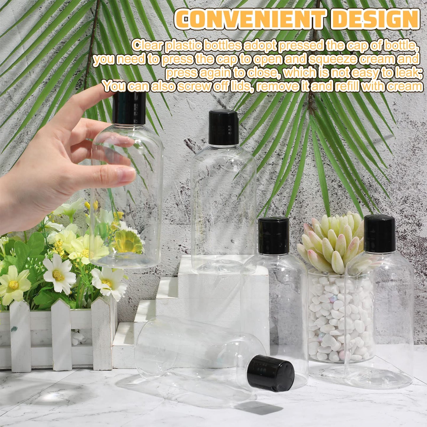 Irenare 30 Pieces 8 oz Travel Bottles with Black Disc Cap Refillable Clear Plastic Squeeze Empty Bottles Shampoo Travel Container for Body Wash Cream Lotion Conditioner Liquid Body Soap