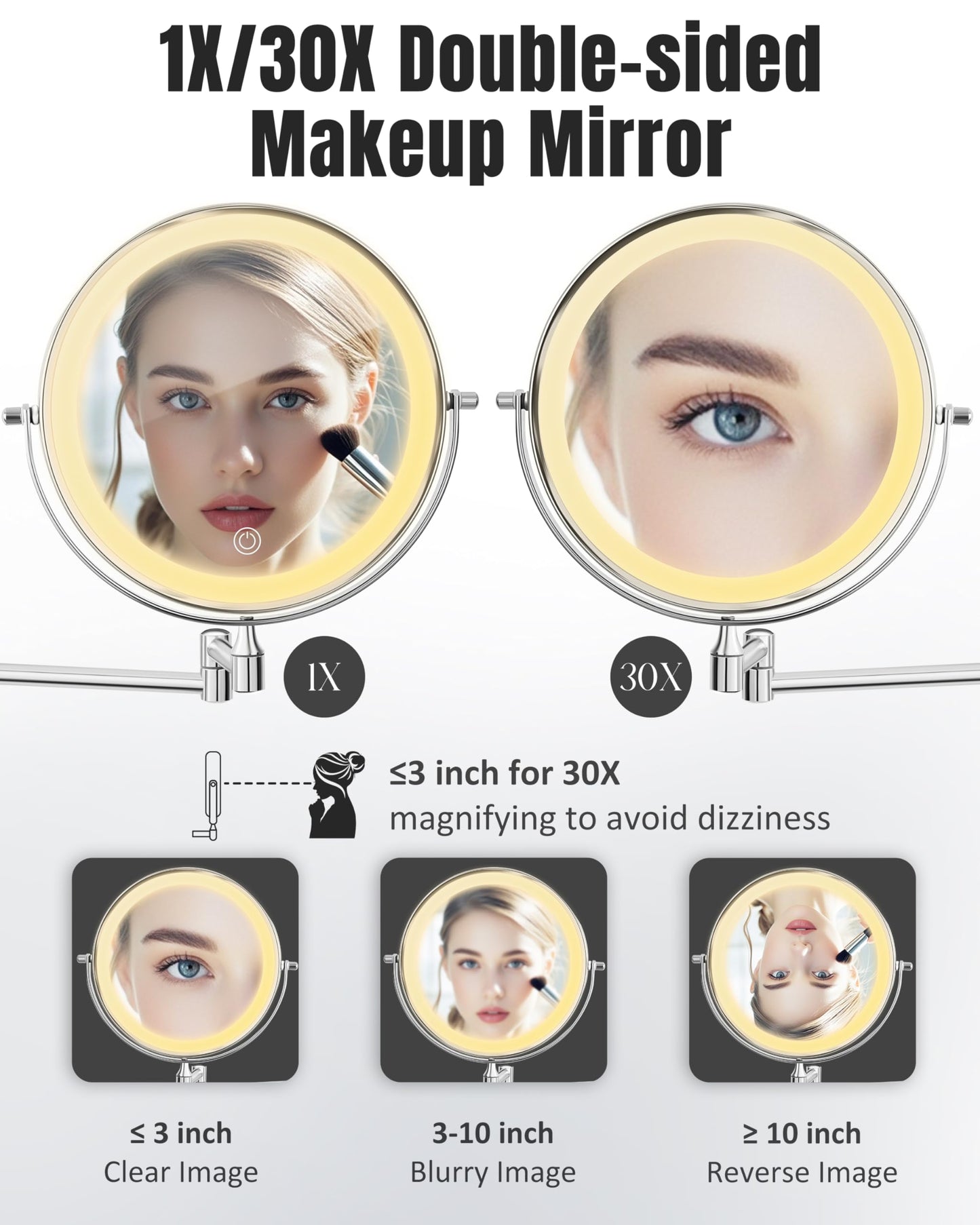 Wall Mounted Makeup Mirror with Light, 30X/1X 8'' Double Sided LED Magnifying Bathroom Lighted Vanity Mirror with Magnification, 3 Color Light up Touch Dimmable Extended Arm 360 Rotation