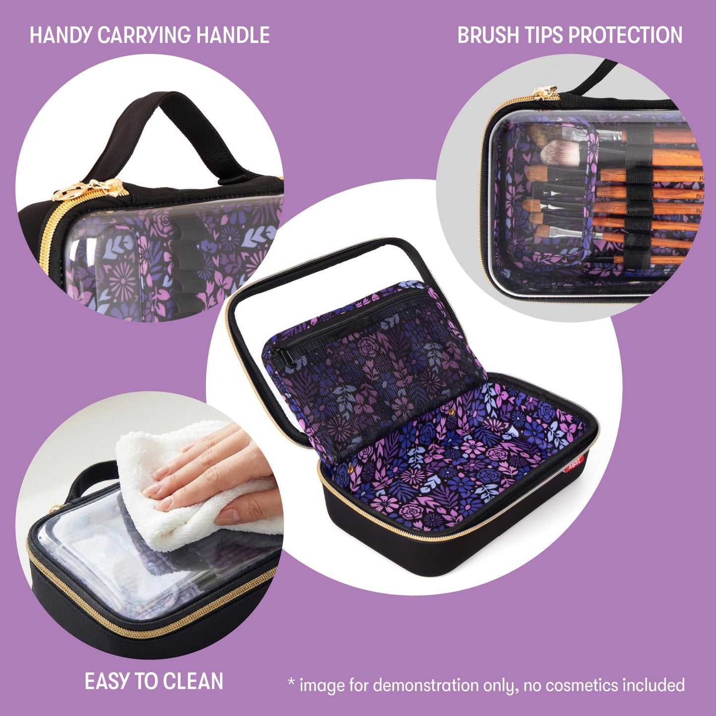 ZIPIT: Travel Makeup Bag - Black & Purple Flowers - Protective Hard Shell, Large Cosmetic Case, Transparent Zipper Lid, Handle, Toiletry Organizer