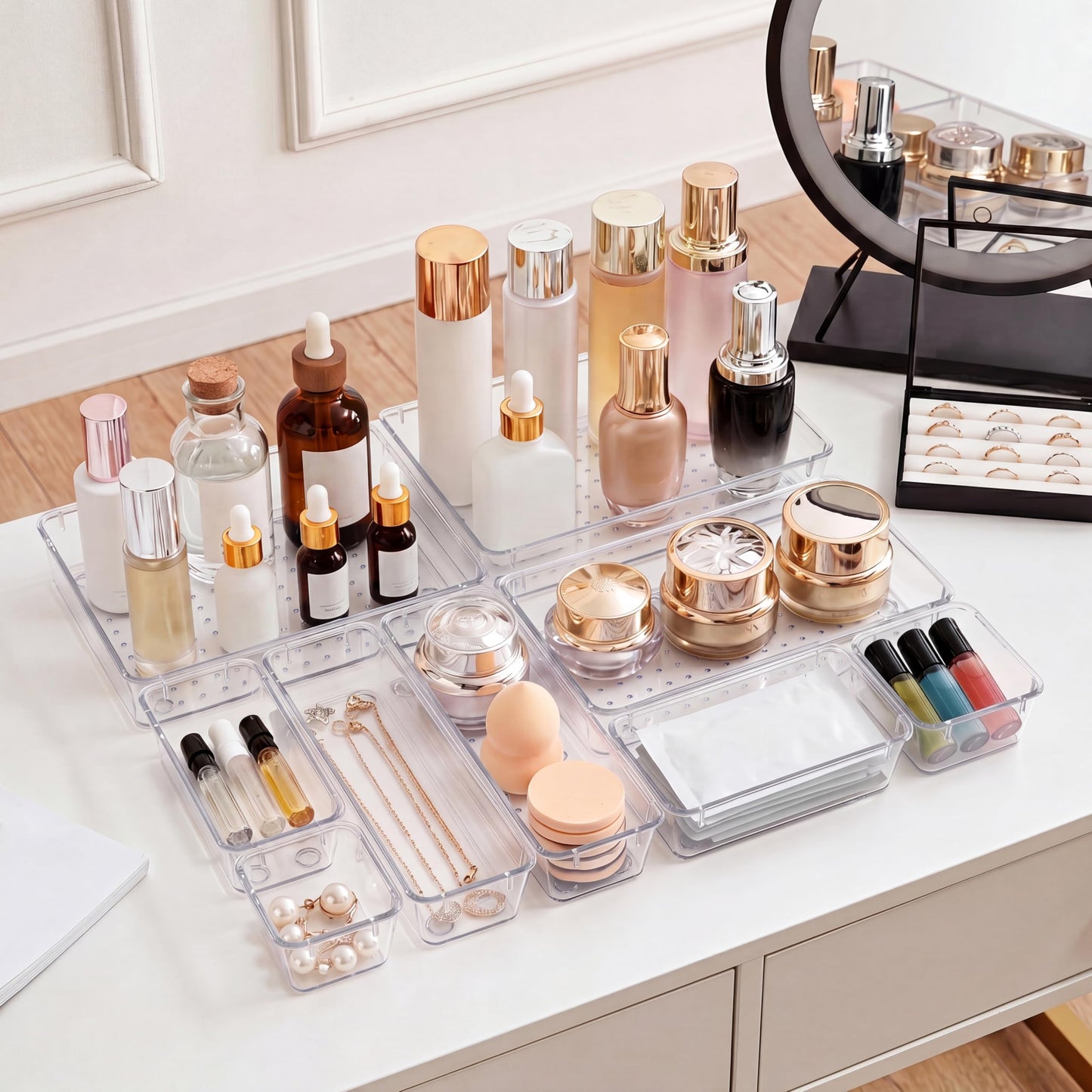 Asnews 13 Pcs Desk Organizer Tray for Makeup, 5 Sizes Vanity Makeup Drawer Organizer Set, Non-Slip Desk Drawer Organizer Trays for Bathroom, Bedroom, Office, Fits Jewelry
