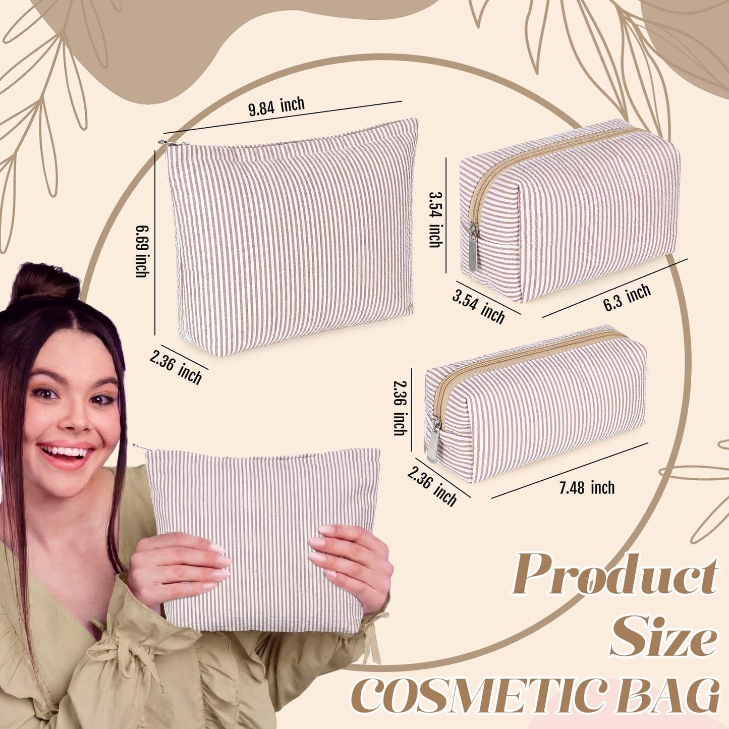 Huhumy 3 Pcs Makeup Bag Set Cute Stripe Cosmetic Pouch for Women Aesthetic Seersucker Travel Toiletry Bag Set Preppy Small Makeup Purse Pouch Cosmetic Organizer Pencil Case with Zipper(Khaki)