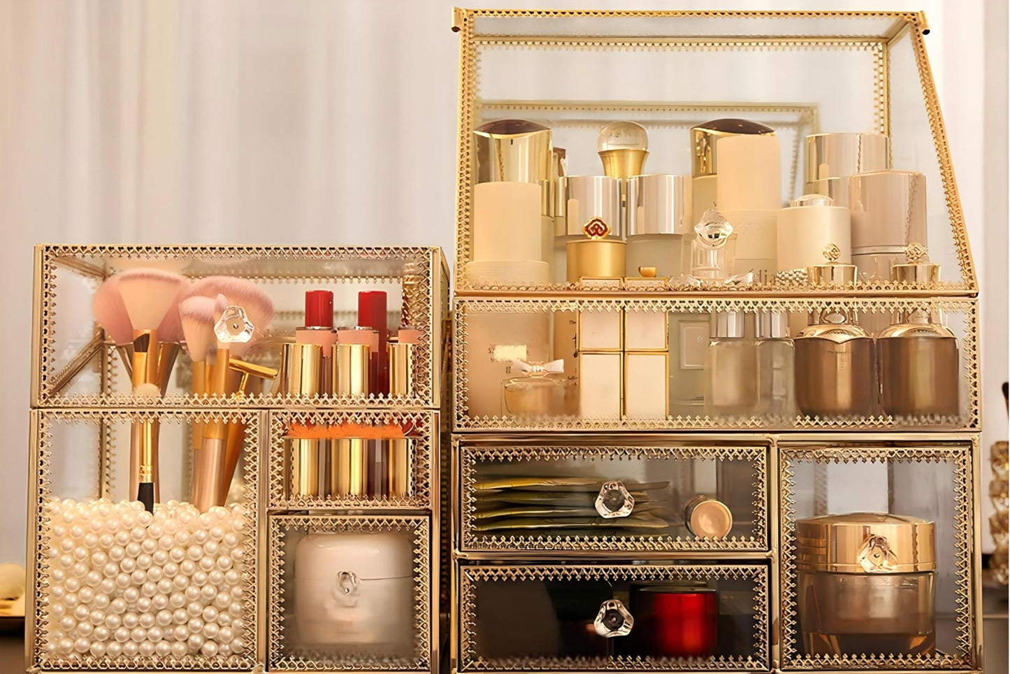 UShioart Large Glass Makeup Organizer Drawer Set Beauty Storage Bathroom Counter Organizer Cosmetic Display with Pearl (16in)