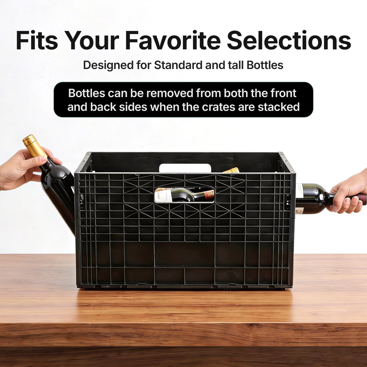 Stackable Wine Storage Crates Modular System, 12 Bottle Capacity per Crate, Dual Access Horizontal Wine Rack Organizer | Recycled Plastic for Cabinet, Cellar & Home Bar, Set of 6