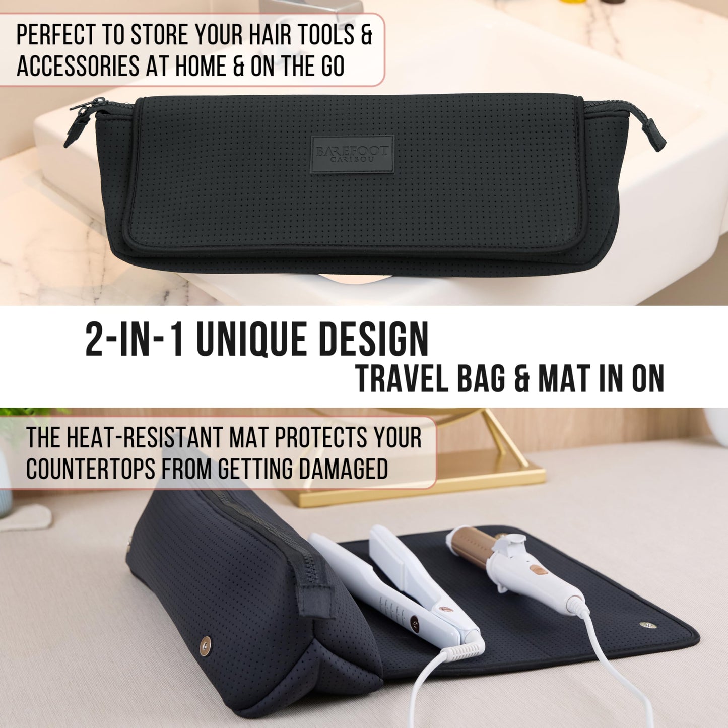 BAREFOOT CARIBOU Hair Tools Travel Bag and Heat Resistant Mat (15.5") for Flat Irons, Straighteners, Curling Iron, and Haircare Accessories, 2-in-1 design, Interior Pockets, Organizer (Mesh Black)