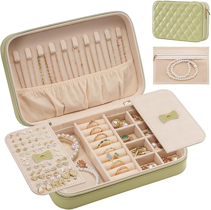 Lolalet Travel Jewelry Case for Women Girls, Travel Jewelry Organizer Box with Mirror & Clear Storage Bag, Small Portable Earring Necklace Bracelet Ring Case, Birthday Christmas Gifts -Medium, Green