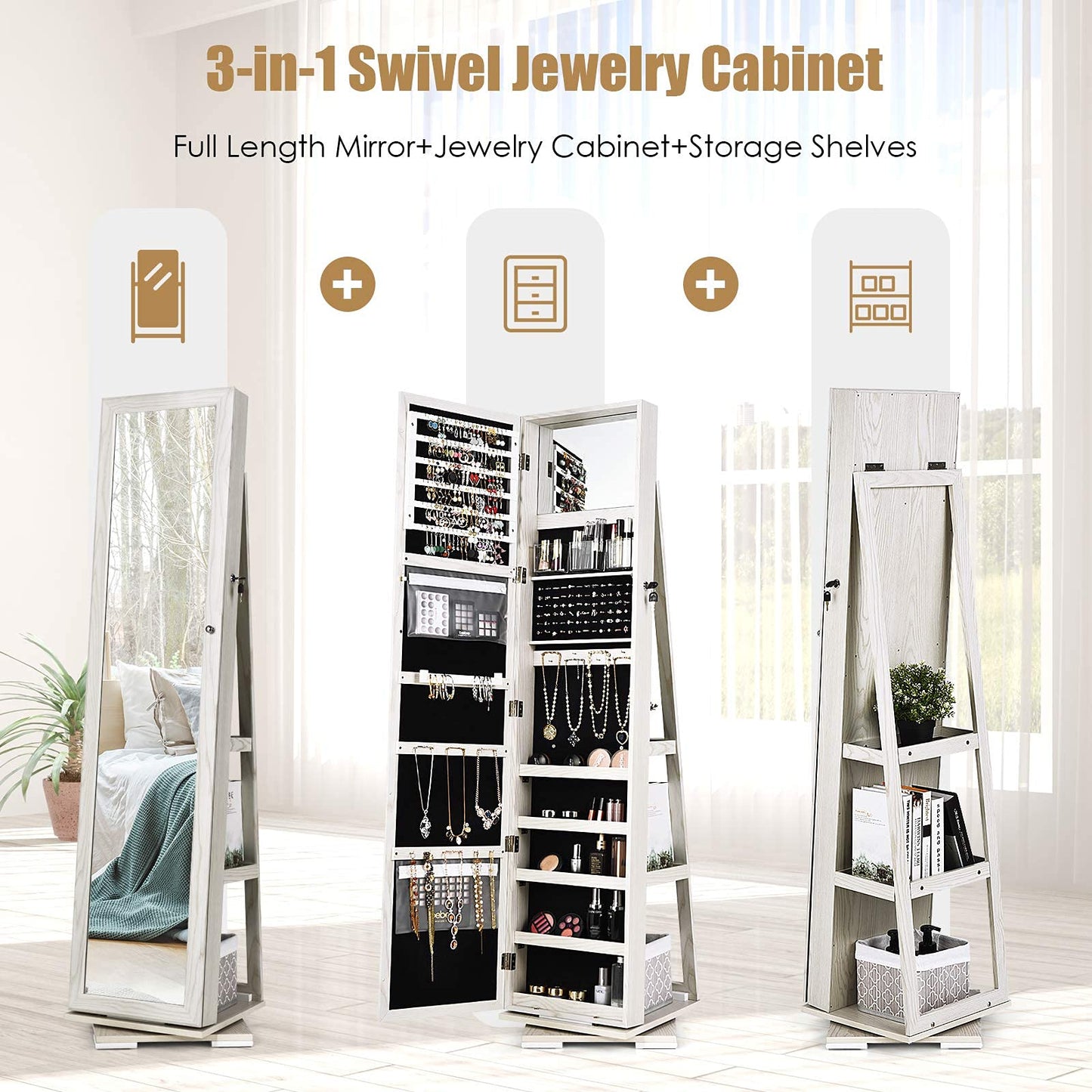 Hysache 360 Rotating Mirrored Jewelry Cabinet, Free Standing Jewelry Armoire, 2-in-1 Lockable Large Capacity Jewelry Organizer w/Full Length Mirror, Inside Makeup Mirror, 78 Ring Slots(WH)