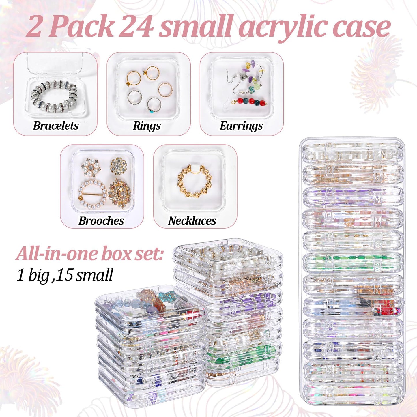Giloaou 2 Pack Acrylic Jewelry Organizer Box with 24 Portable Small Cases – Clear Storage Tray for Bracelet, Crystal, Ring & Earring Containers, Open Design (Boxes Hold Small Cases)