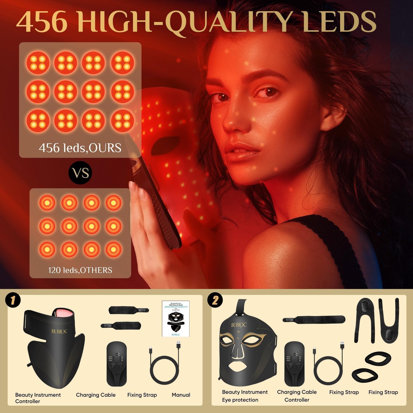Onisdin Red Light Therapy Mask Set, Five-Level Brightness Adjustment for Face and Neck, 630nm Infrared Light + 850nm Near-Infrared LED Therapy Phototherapy, Portable Mask with Power Storage, Black