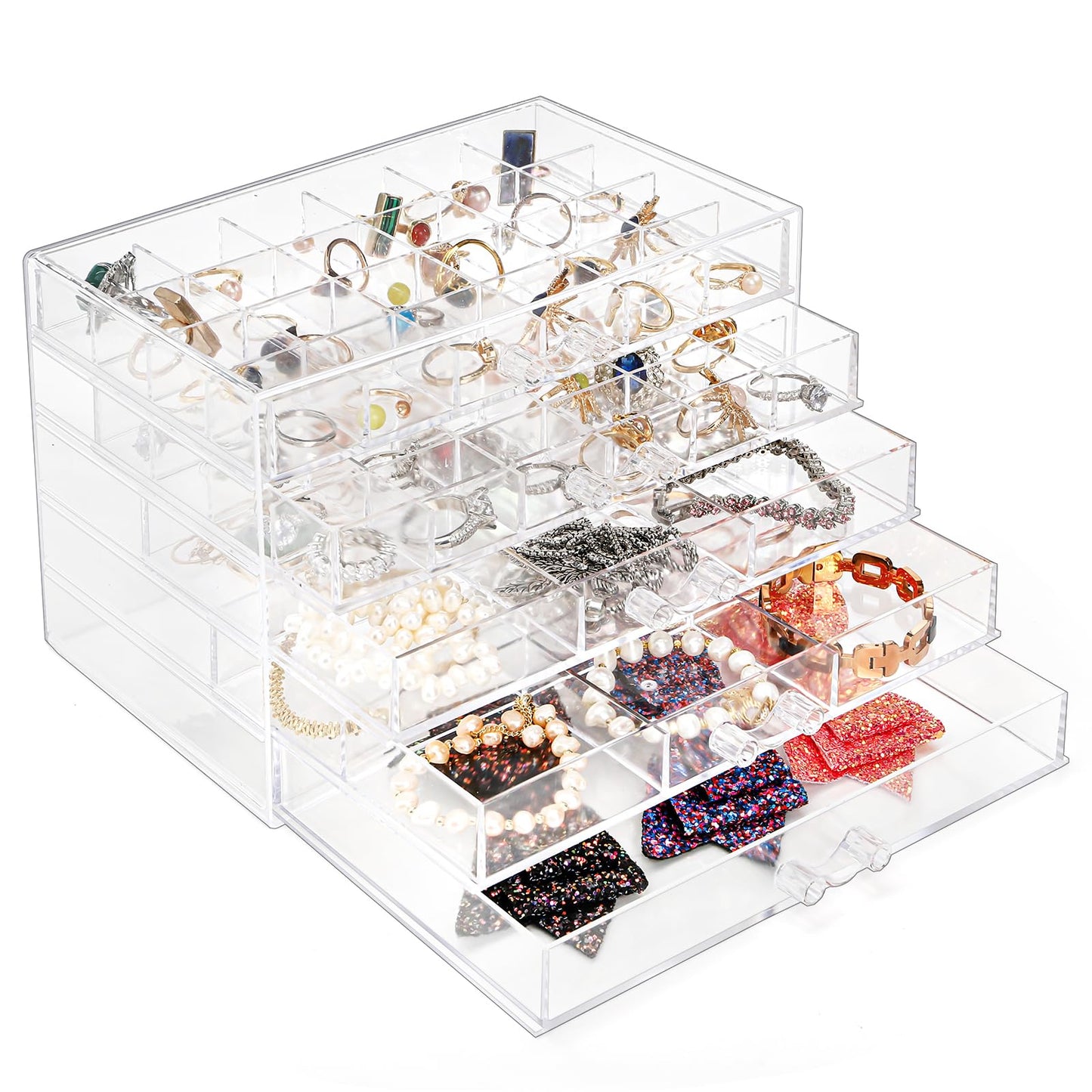 yarlung Acrylic Jewelry Storage Box Earring Holder with 5 Drawers, 61 Grids Jewelry Organizer Tray Clear Ring Display Case for Beads, Nail Tips, Women Girls Gift