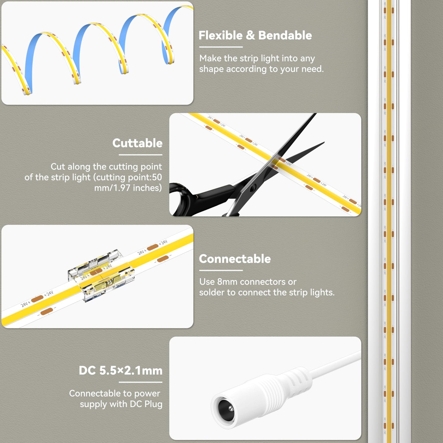 MIWISE COB LED Strip Light 20ft/6.1m,CRI 90+ Warm White 2700K High Lumen Super Bright Flexible DC24V LED Tape Light,for Cabinet Home Office DIY Lighting Projects(Adapter&Controller NOT Included)