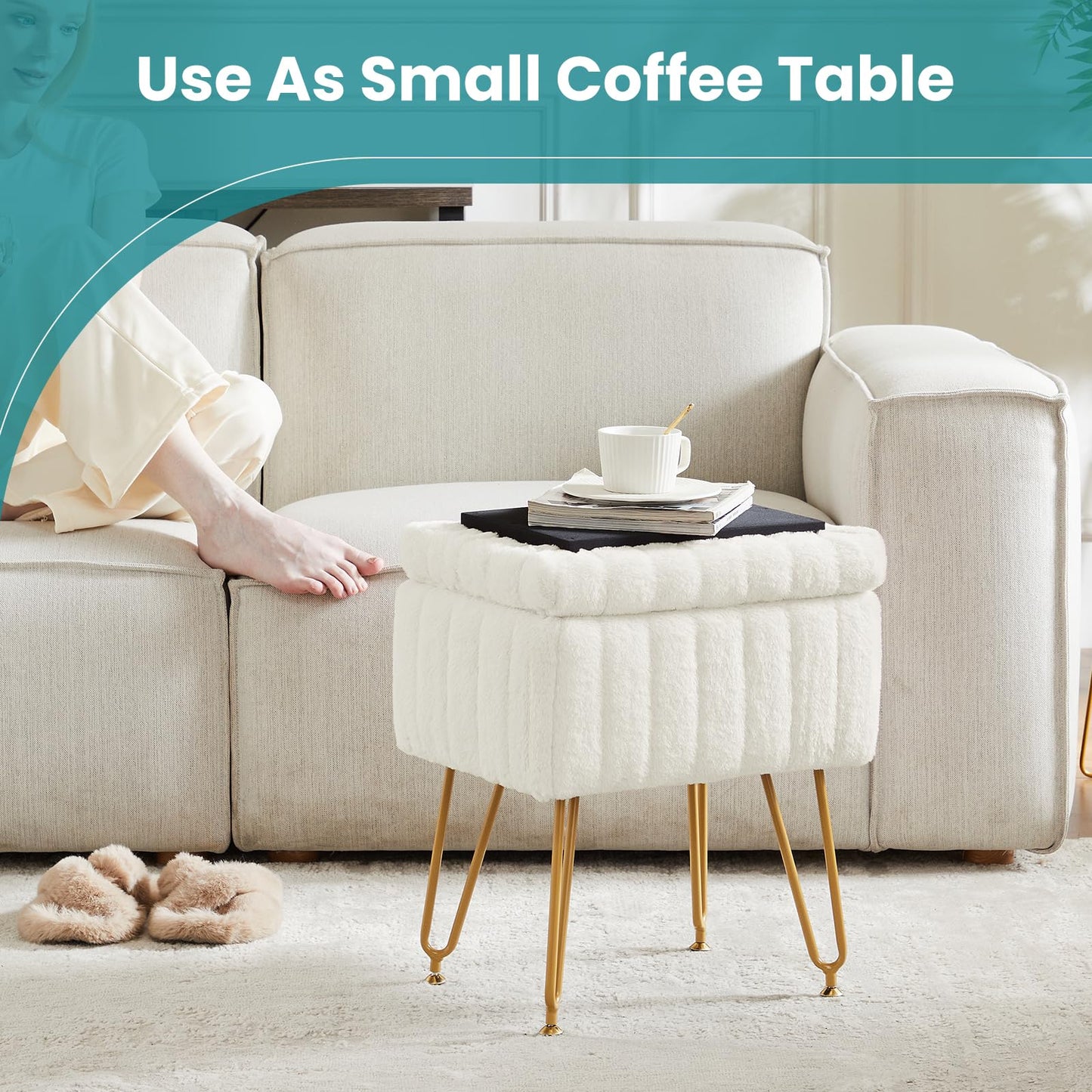 NEWBULIG Vanity Stool Chair with Storage – Faux Fur Padded Makeup Ottoman, Modern Foot Rest Chair for Bedroom, 15.7" L x 11.8" W x 19.4" H, 4 Metal Legs with Anti-Slip Feet, White