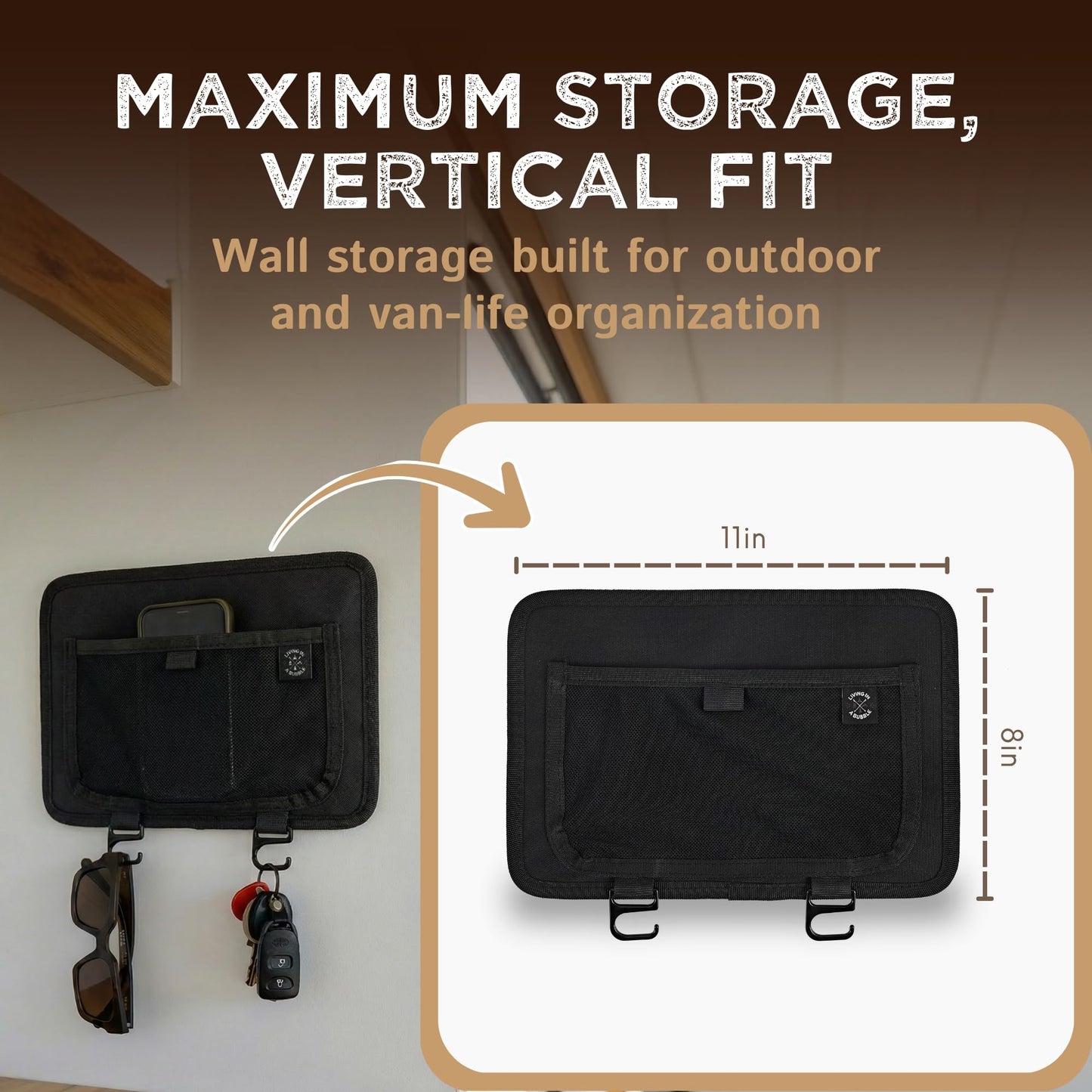 Living in a Bubble Wall Storage Organizer for Travel Trailer, Campervan, RV, and Motorhome - Durable Interior Wall-Mount Adhesive Storage Solution & Space Saver - Outback (Black)