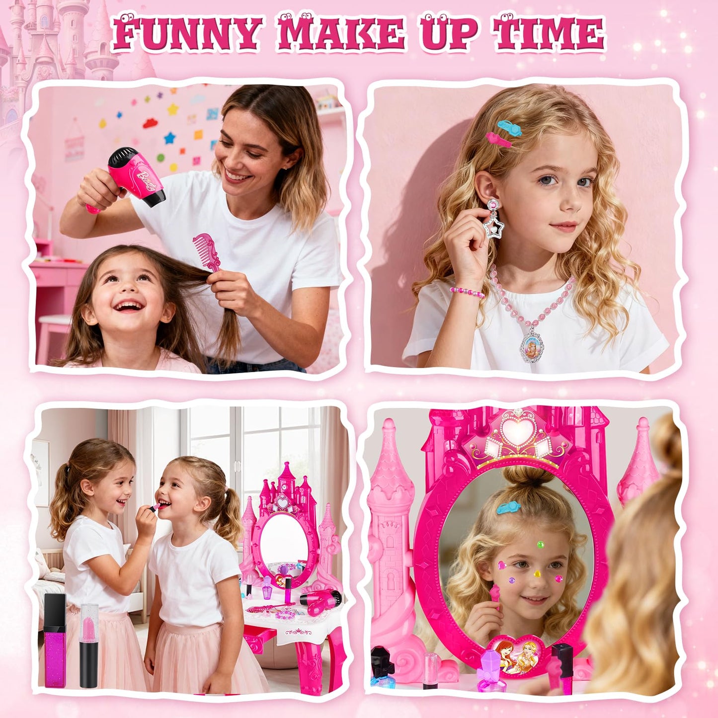 Easface Kids Vanity for Girls, Toddler Makeup Vanity Table and Chair Set Set Toys with Music Light, Pretend Play Princess Dress Up Playset Gift for Toddler Girls 3 4 5 6 Years Old