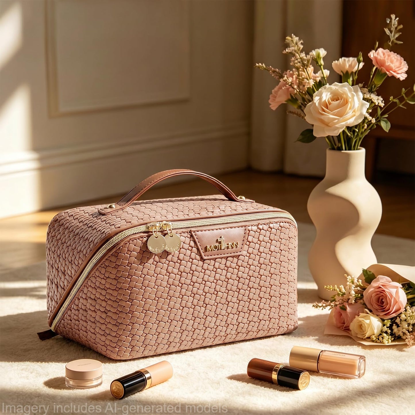 Travel Makeup Bag for Women: Designer 3 Pcs Set Cosmetic Bags for Women - Large Capacity Vagen Leather Hand-made for Toiletry Organizer - Ladies Travel Flat Open Essentials for Luxury (10Brown)