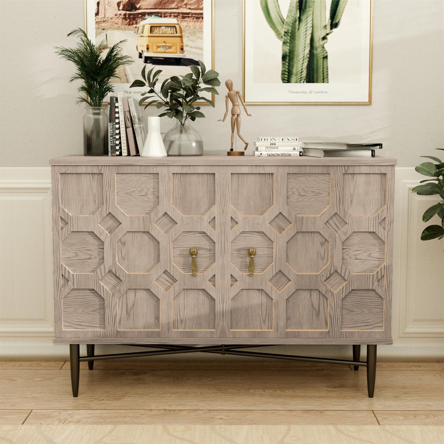 NEDYO Carved Decorative Storage Cabinet, Fluted Wooden Buffet, Sideboard with 2 Doors & Adjustable Shelf, Accent Cabinet for Living Room,Entryway, Kitchen and Dining Room. Oak