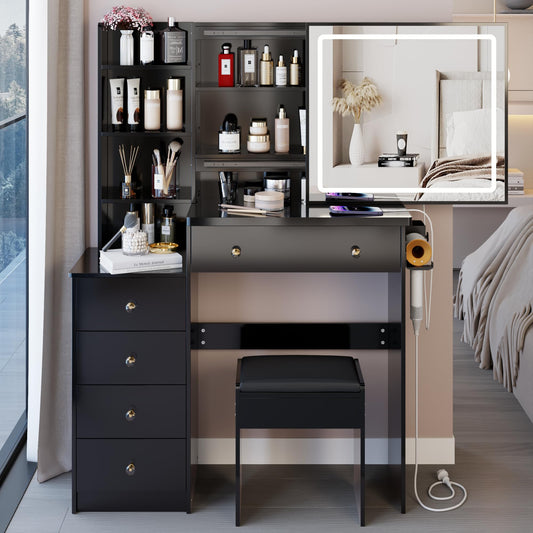 KEIKI Makeup Vanity Desk with Sliding Mirror and Lights, 37" Vanity Table Set with Charging Station, 5 Drawers & Hair Dryer Holder, Dressing Table with Storage Shelves and Cushioned Stool, Black