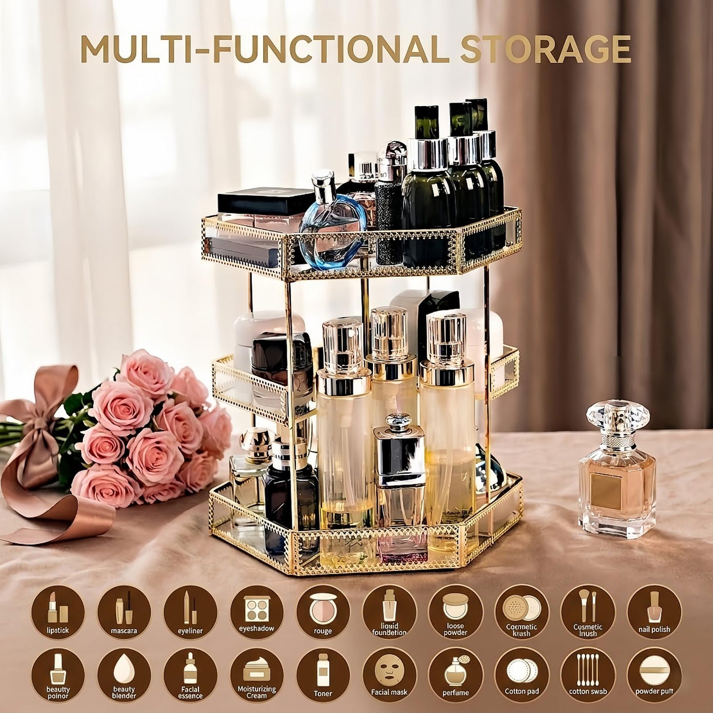 ZOOFOX 360 Degree Rotating Glass Makeup Organizer, Large Cosmetics Storage Display Holder with Gold Trim for Vanity, Clear Makeup Carousel for Perfume, Cosmetics, Brushes, Lotion, Lipsticks