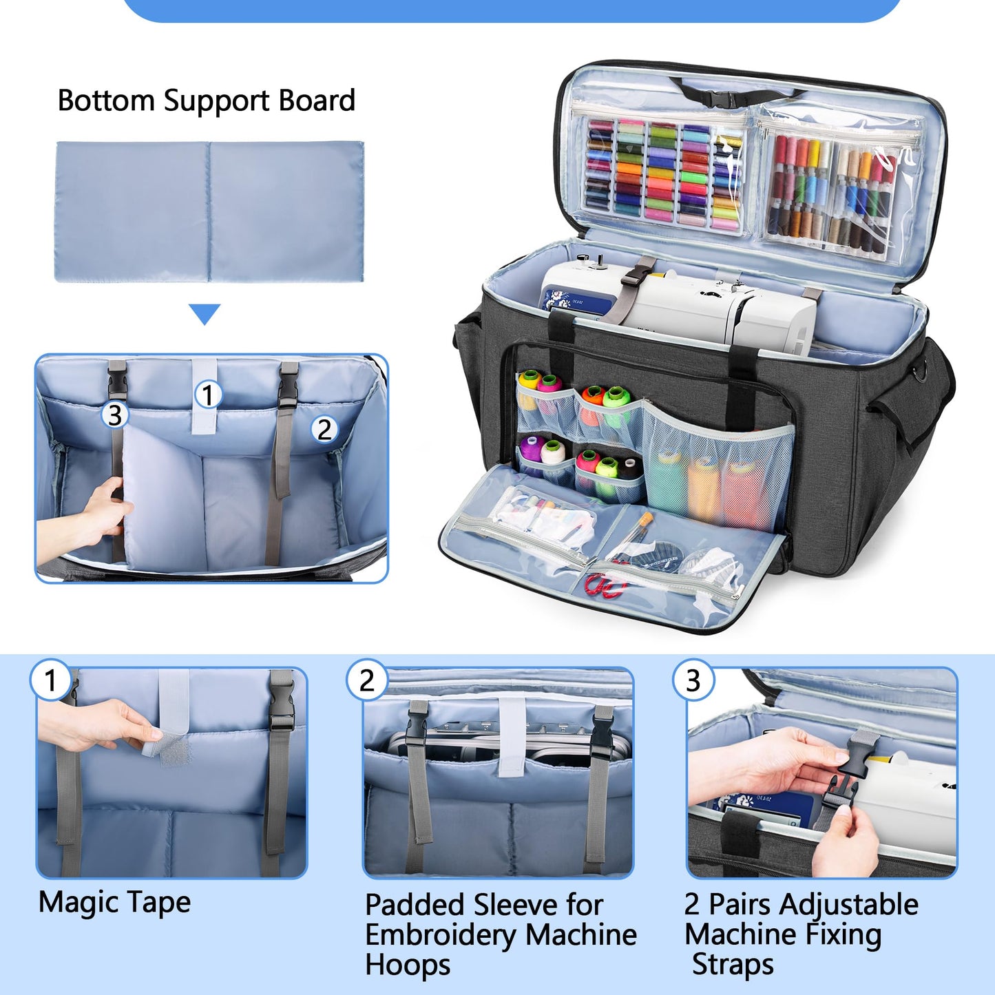 CURMIO Sewing and Embroidery Machine Carrying Case with Wheels, Rolling Embroidery Machine Tote Bag with Bottom Support Board Compatible with Brother SE600, PE535 Embroidery Machine, Gray