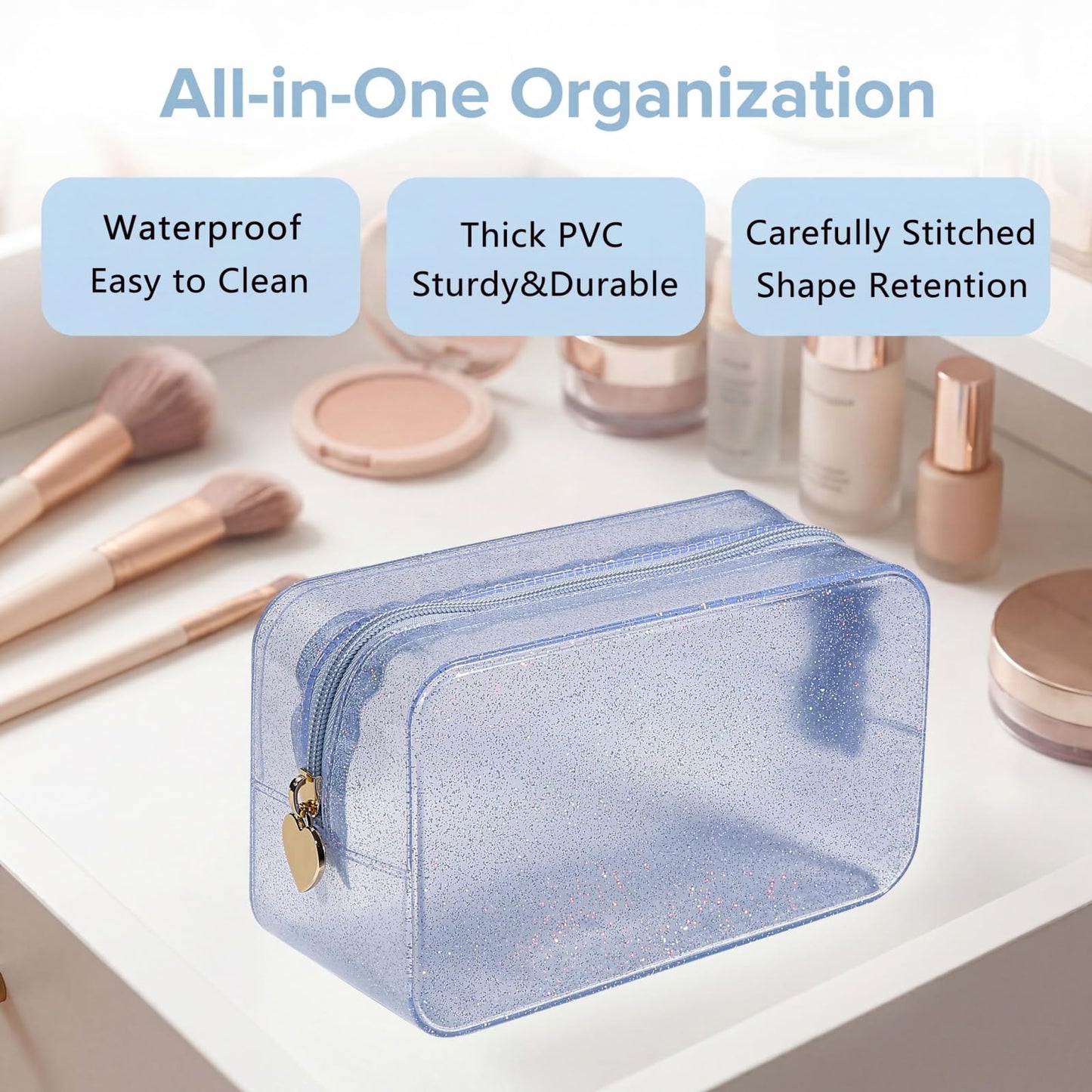 RSRSLEII Stardust Twinkle Jelly Travel Makeup & Toiletry Bag, Waterproof PVC Cosmetic Bag/Case for Women，Zipper SPF Beach Bag for Sunscreen Skincare and Daily Essentials (08Silver)