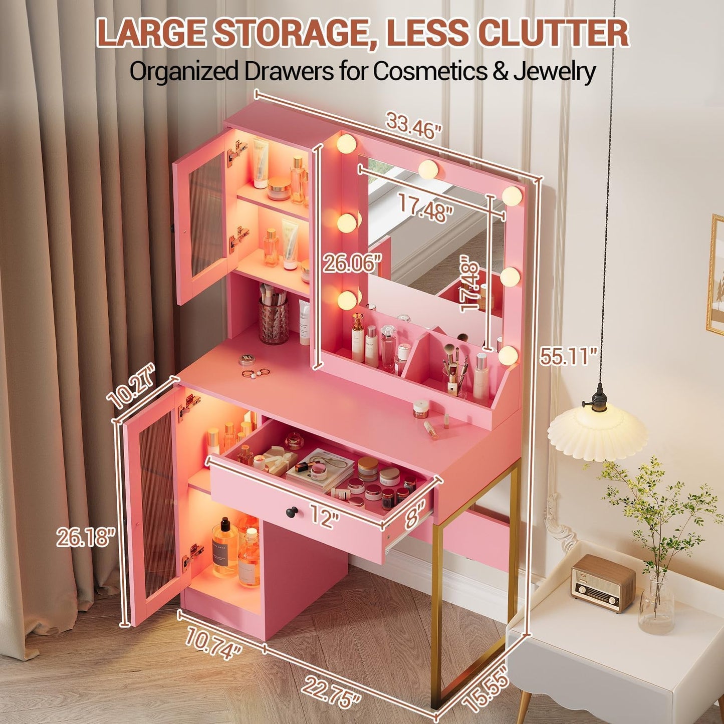 Makeup Vanity Desk with Mirror and Lights, Vanity Table with Charging Station, RGB Lights Wood Dressing Table for Bedroom, for Girls