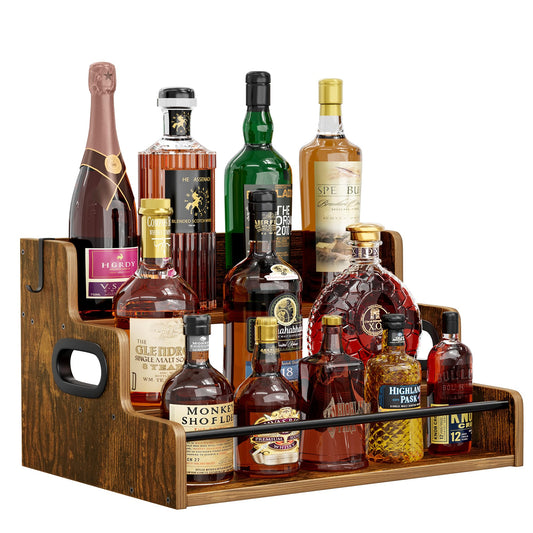 YOUDENOVA Liquor Bottle Display Shelf, Tabletop Wine Rack, 3-Tier Countertop Liquor Wine Rack for Liquor Whiskey, Coffee Syrup Rack Organizer and Home Bar Storage
