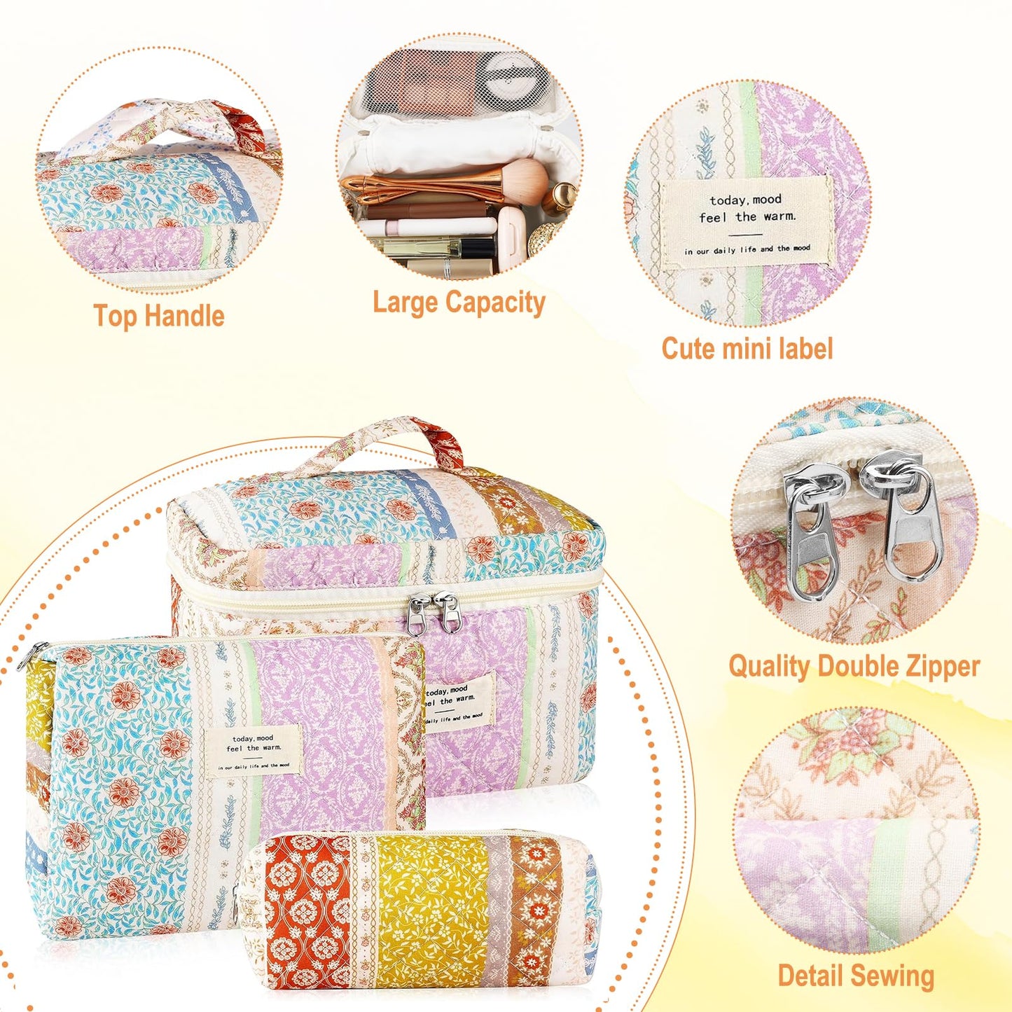 URSKYTOUS 3Pc Cotton Quilted Makeup Bags for Women Large Small Coquette Floral Travel Cosmetic Bag Set Aesthetic Cute Flower Makeup Pouch Portable Toiletry Bag Puffy Essential Storage Organizer Bag