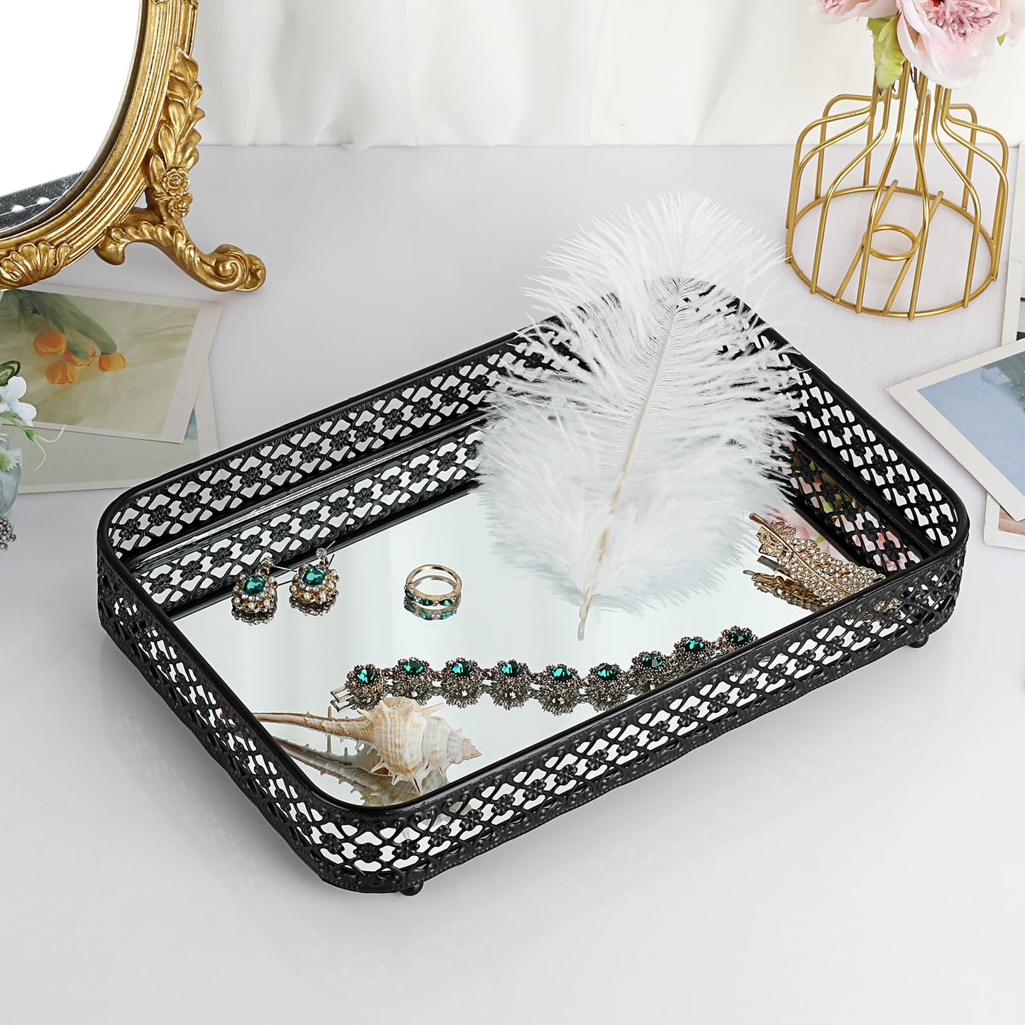 ELLDOO Black Perfume & Makeup Vanity Tray - Hollow-Carved Jewelry Storage, Glass & Metal Trinket Organizer for Dresser & Bathroom Countertop, Medium Size