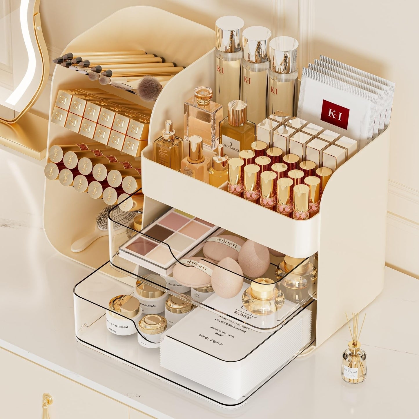 Booklov Makeup Organizer for Vanity, Countertop Cosmetic Display Case with Clear Acrylic Drawers, Bathroom Counter Beauty Caddy, Cute Table Storage Holder for Skincare, Brush Lipsticks, Crystal Creem