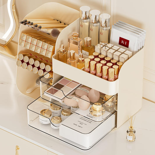Booklov Makeup Organizer for Vanity, Countertop Cosmetic Display Case with Clear Acrylic Drawers, Bathroom Counter Beauty Caddy, Cute Table Storage Holder for Skincare, Brush Lipsticks, Crystal Creem