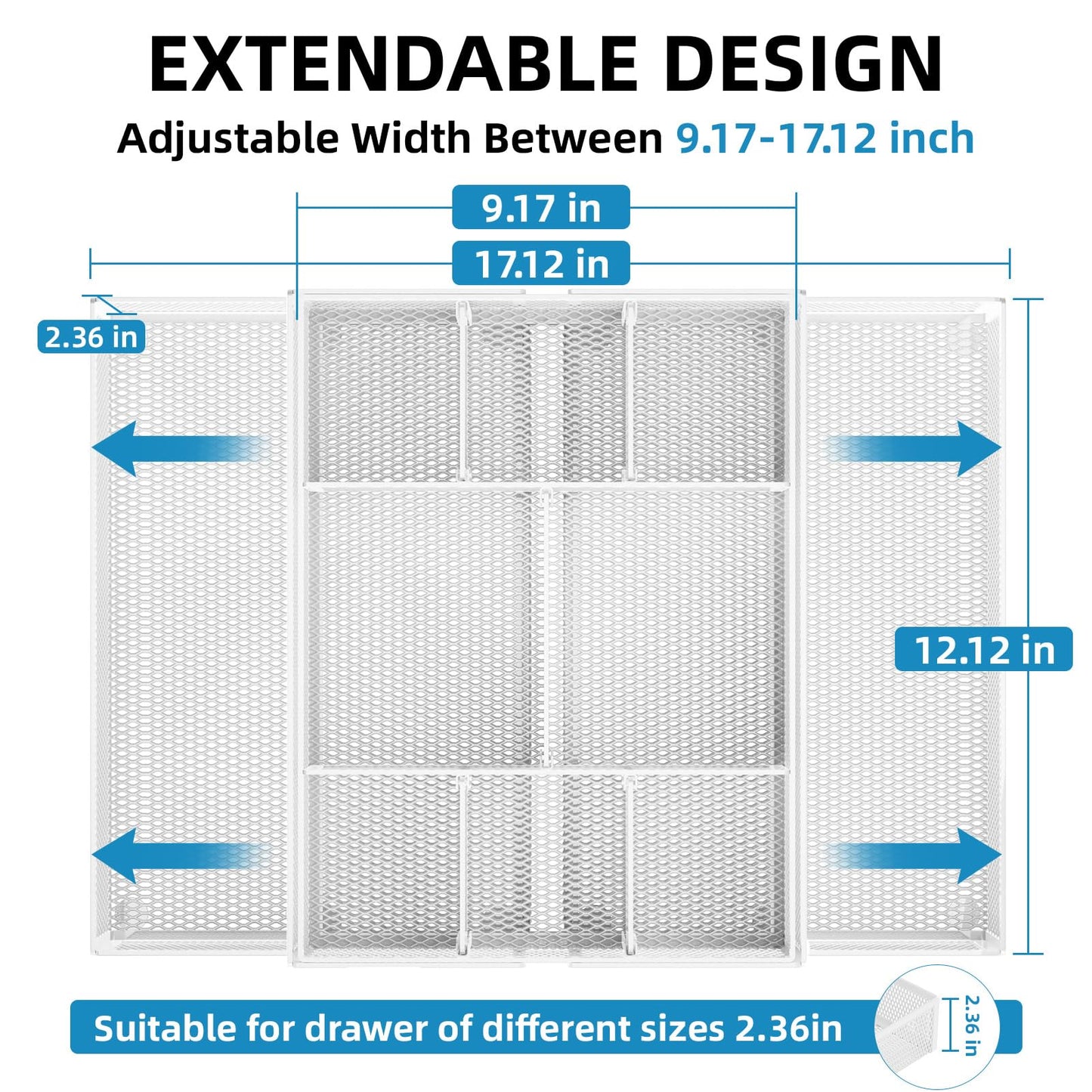 Marbrasse Expandable Desk Drawer Organizer, Mesh Drawer Organizer Tray with 10 Adjustable Compartments, Desk Organizers and Accessories, 5 Dividers Drawer for Office Supplies, Makeup & Vanity (White)