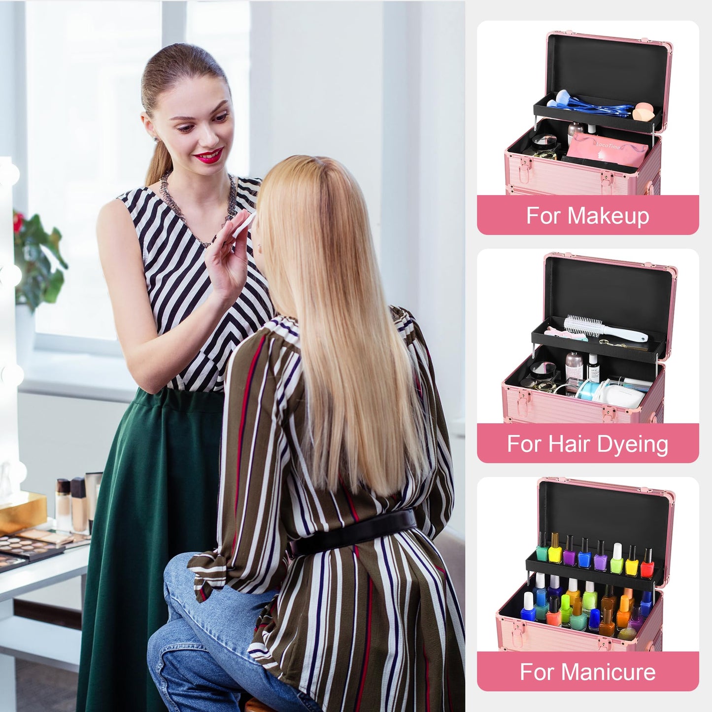 Somduy Makeup Train Case with Drawer, Rolling Makeup Case, Cosmetology Case on Wheels, Gift, Travel Makeup Organizers, Profesional Cosmetic Case for Salon Barber,Nail,Tattoo, Pink