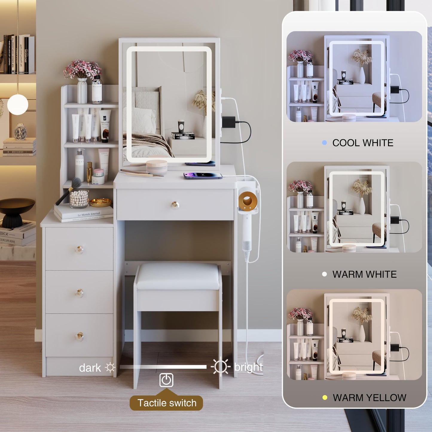Ball & Cast 29.2" Small Size Vanity Mirror Desk with Lights and Cushioned Stool,Vanity Desk w/ 2 AC+2 USB Power Station,Hair Dryer Bracket,Large Touch Control Sliding LED Mirror,for Bedrooms,White