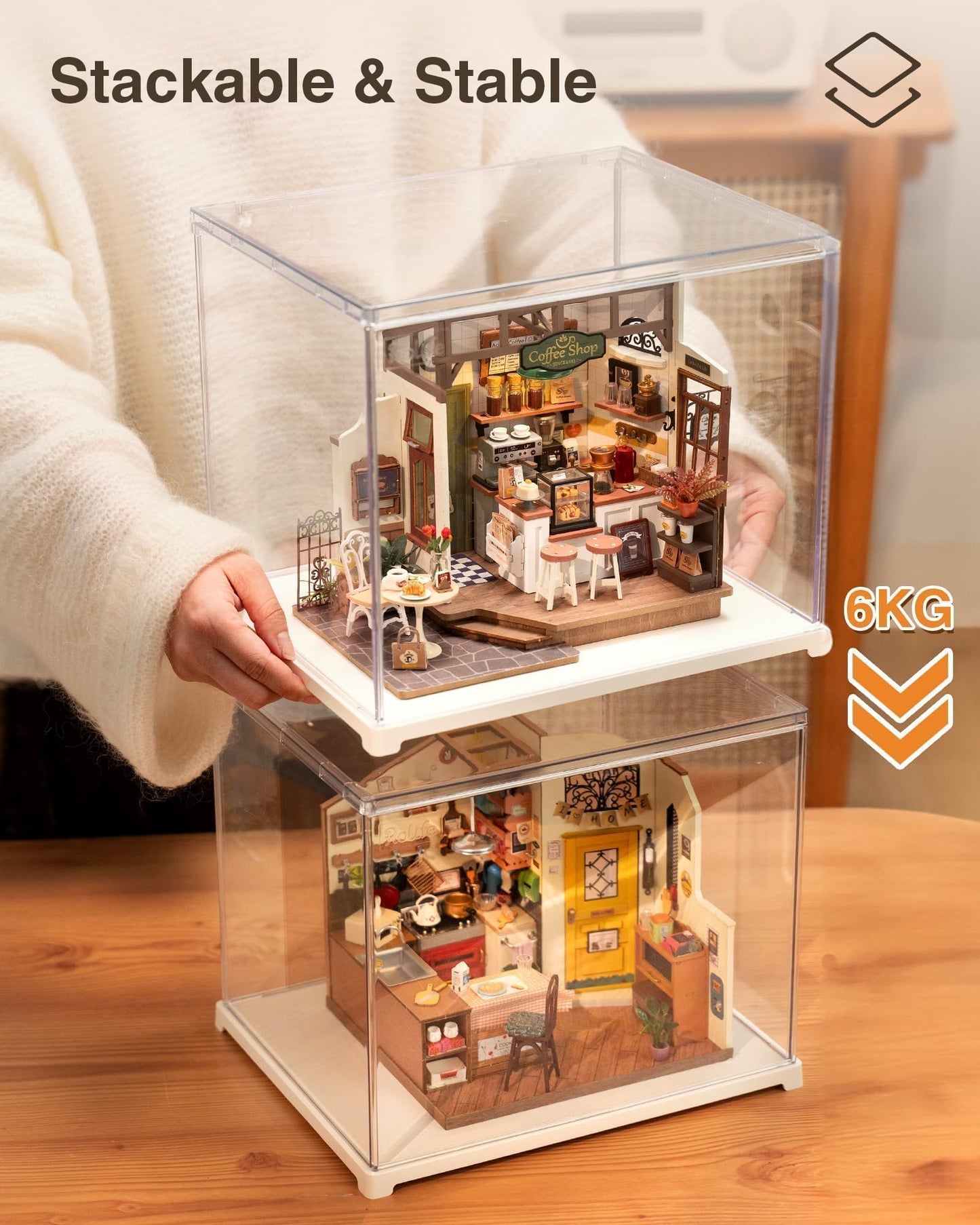 Rolife Clear Acrylic Display Case for Hobby Collectibles, Easy Assemble Dust Cover Showcase Clear Storage Bins, Stackable Storage Plastic Box with Plastic Base
